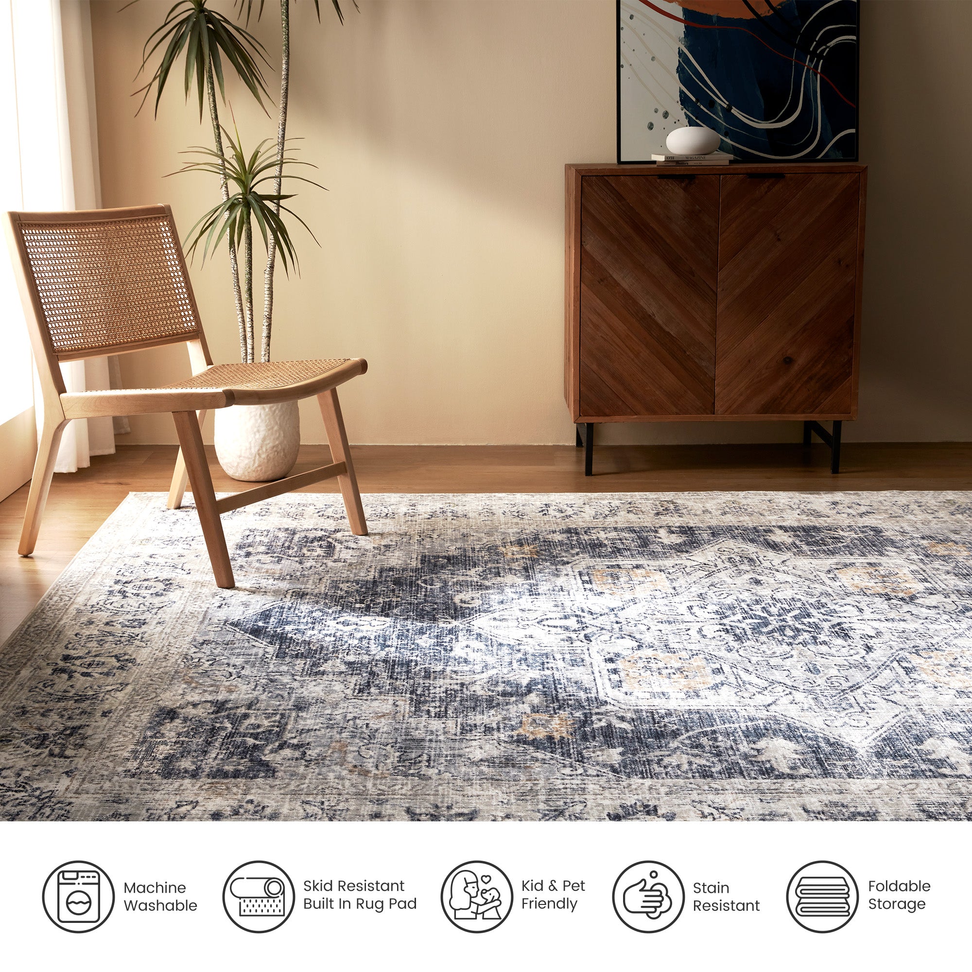 Washable Plush Area Rug - Neutral Vintage for Indoor/Outdoor