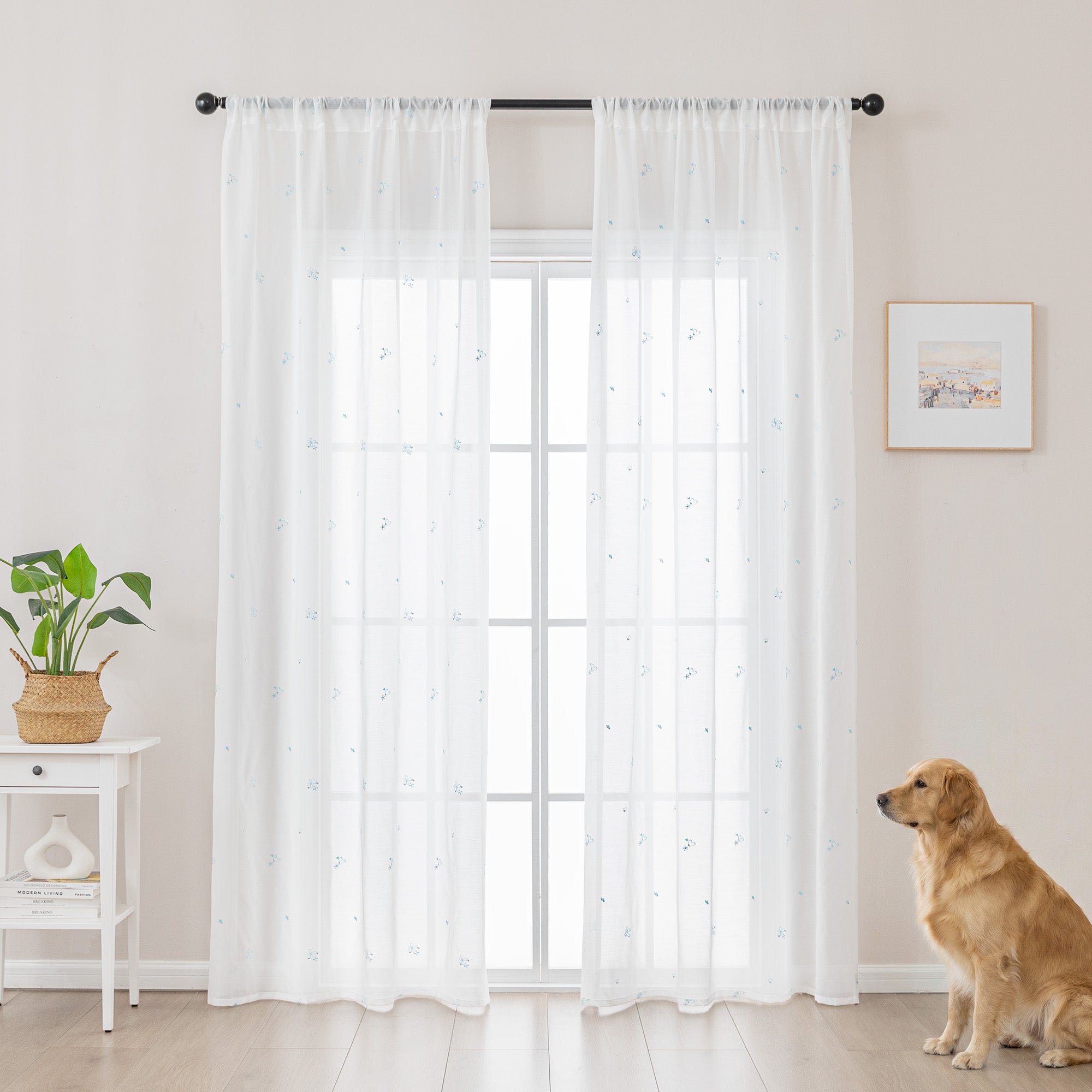 Sleep Zone 2 Panels Blue Heart-embroidered Lace Sheer Curtains