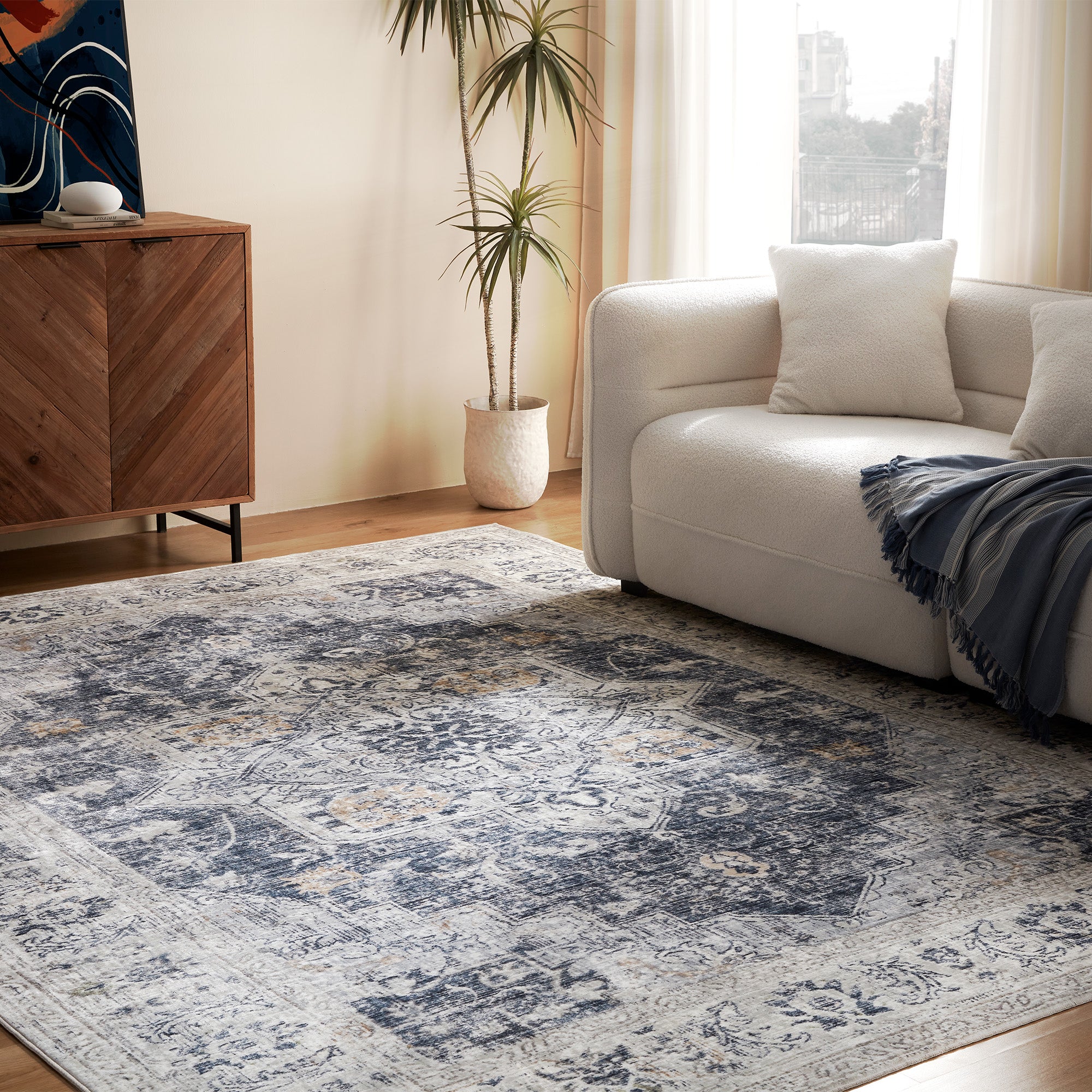 Washable Plush Area Rug - Neutral Vintage for Indoor/Outdoor