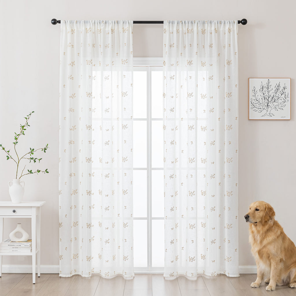 Sleep Zone 2 Panels Golden Floral-embroidered Lace Sheer Curtains