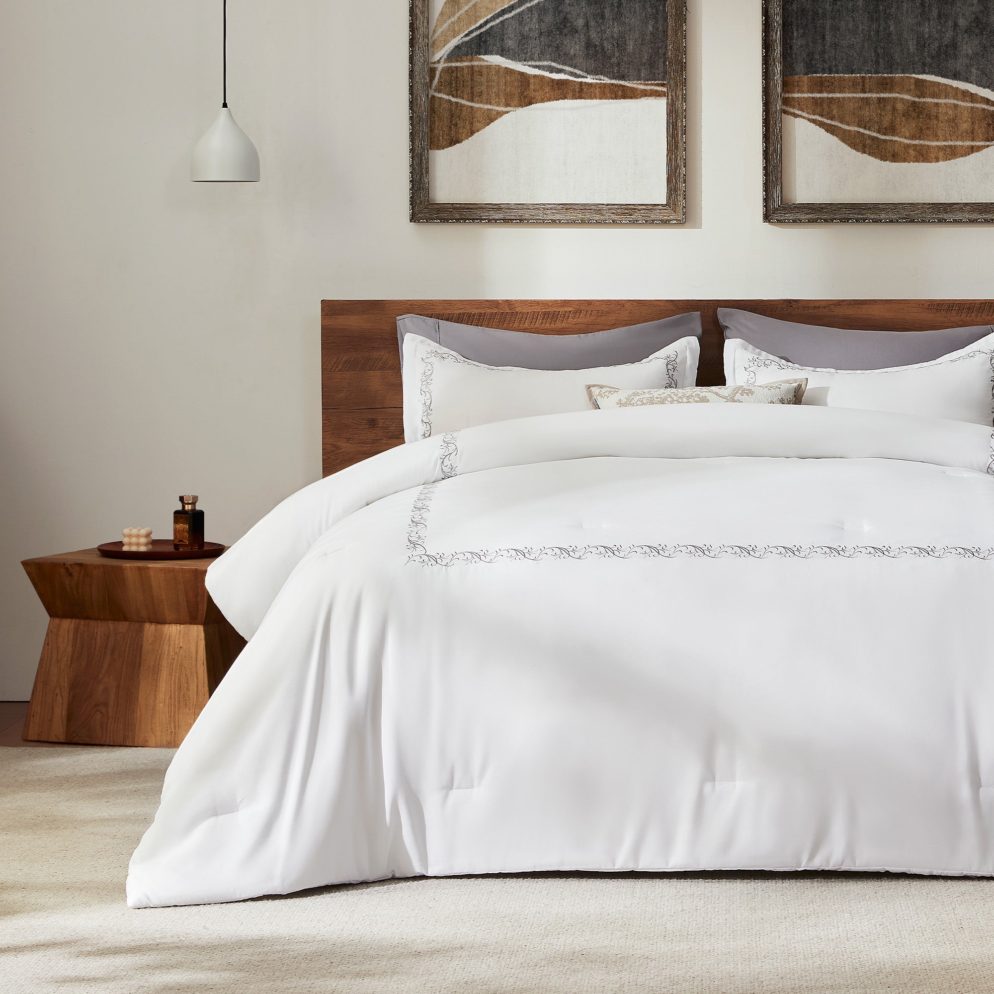 Luxury Hotel Collection Comforter Set, 3 Pieces Fluffy Lightweight Down Alternative Duvet Insert with Embroidered Stripes