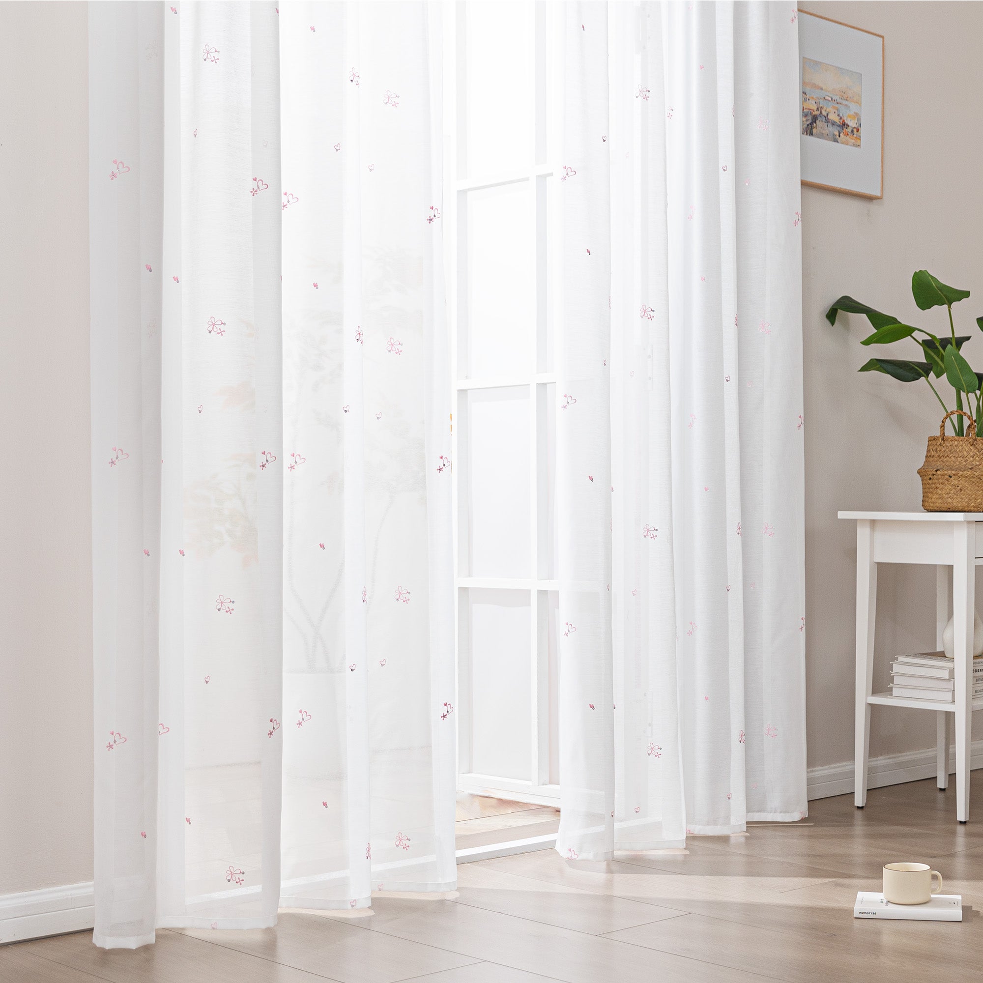 Sleep Zone 2 Panels Blue Heart-embroidered Lace Sheer Curtains