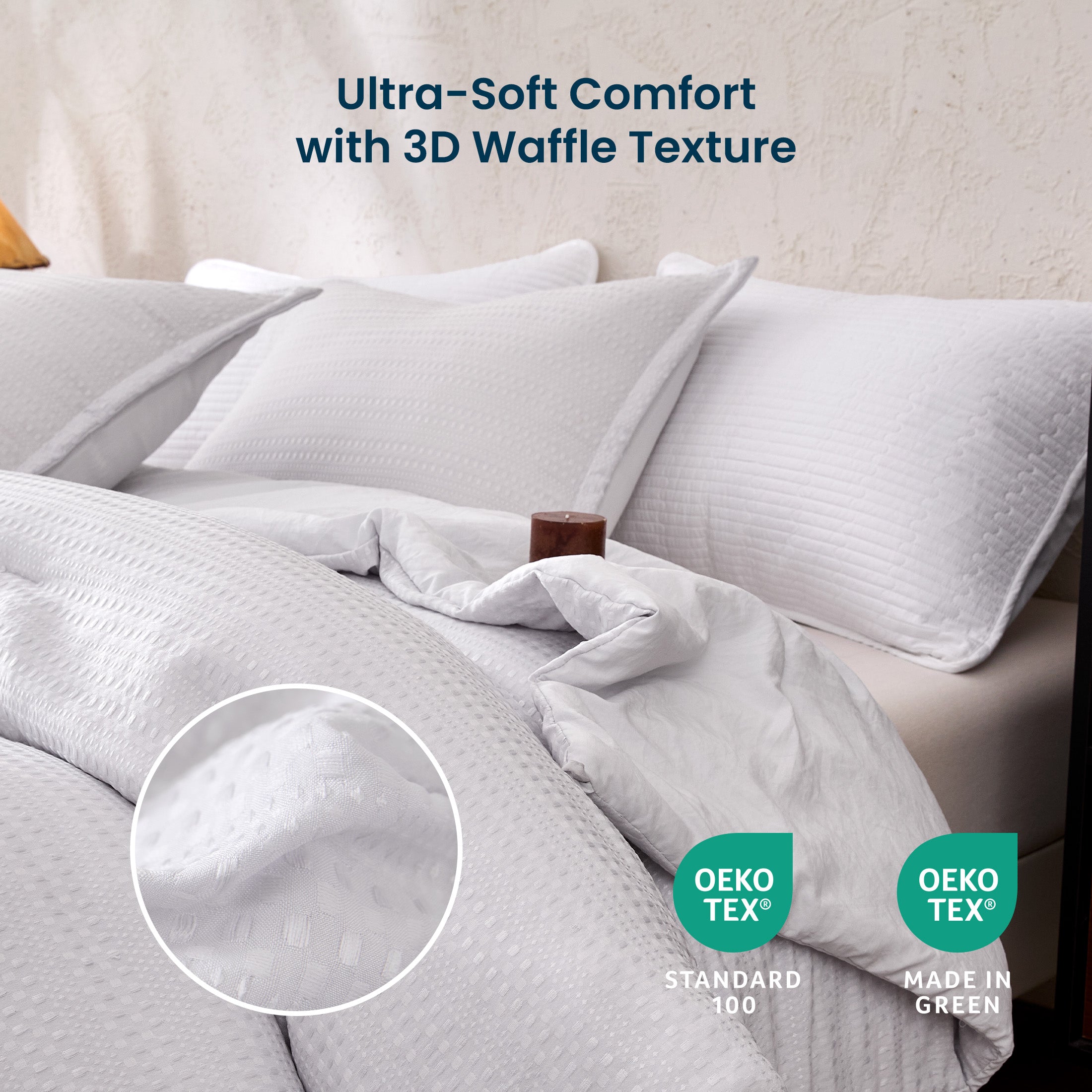 3D Waffle Comforter Set, OEKO-TEX Ultra-Soft Down Alternative Bedding
