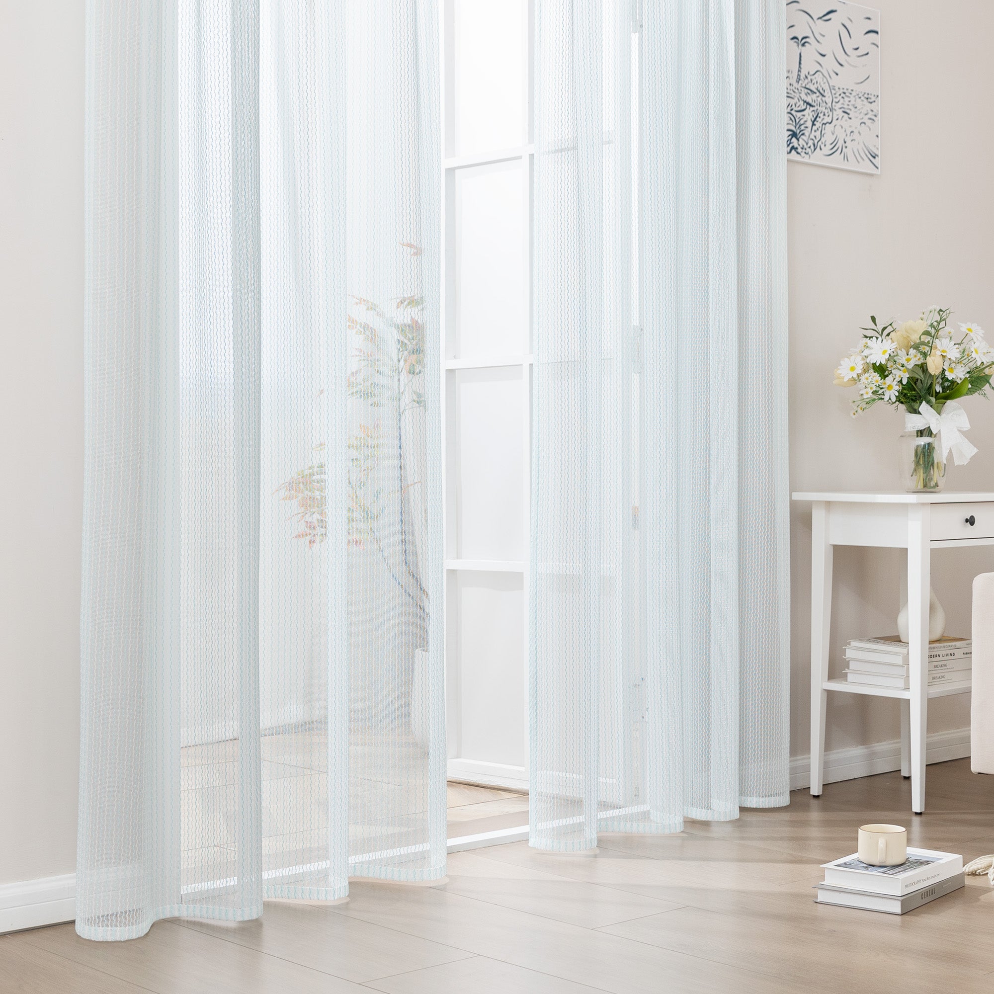 Sleep Zone 2 Panels Blue Wave Lace Sheer Curtains