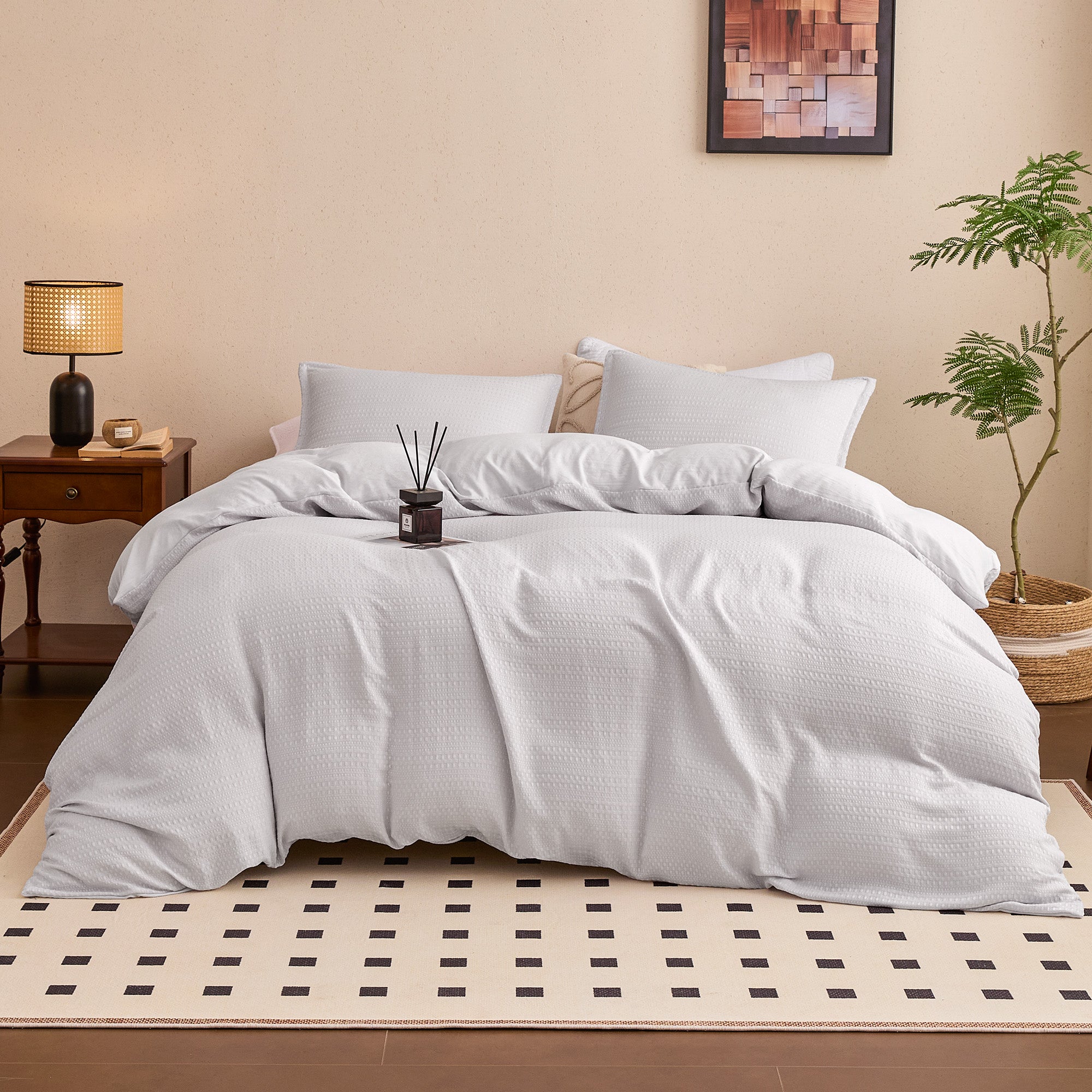 Waffle Weave Duvet Cover Set Full Size, 3 Piece Cozy Soft Jacquard Bedding