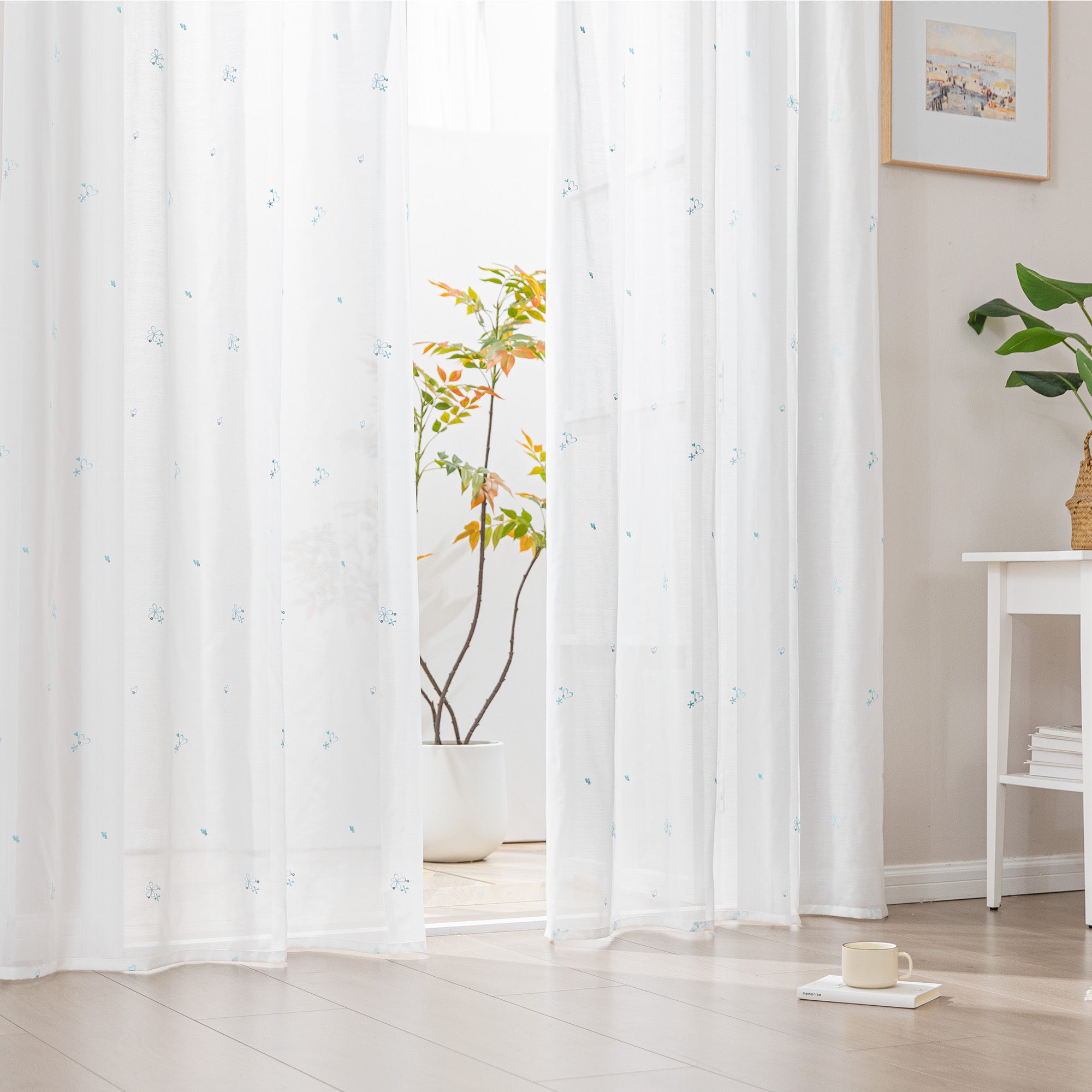 Sleep Zone 2 Panels Blue Heart-embroidered Lace Sheer Curtains