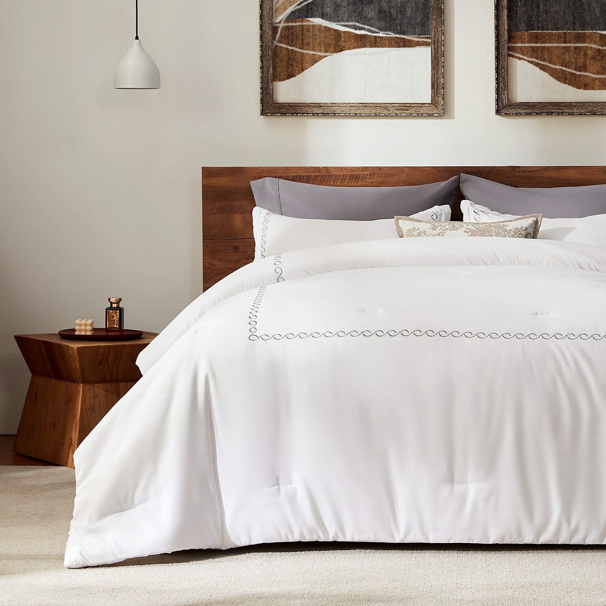 Luxury Hotel Collection Comforter Set, 3 Pieces Fluffy Lightweight Down Alternative Duvet Insert with Embroidered Stripes