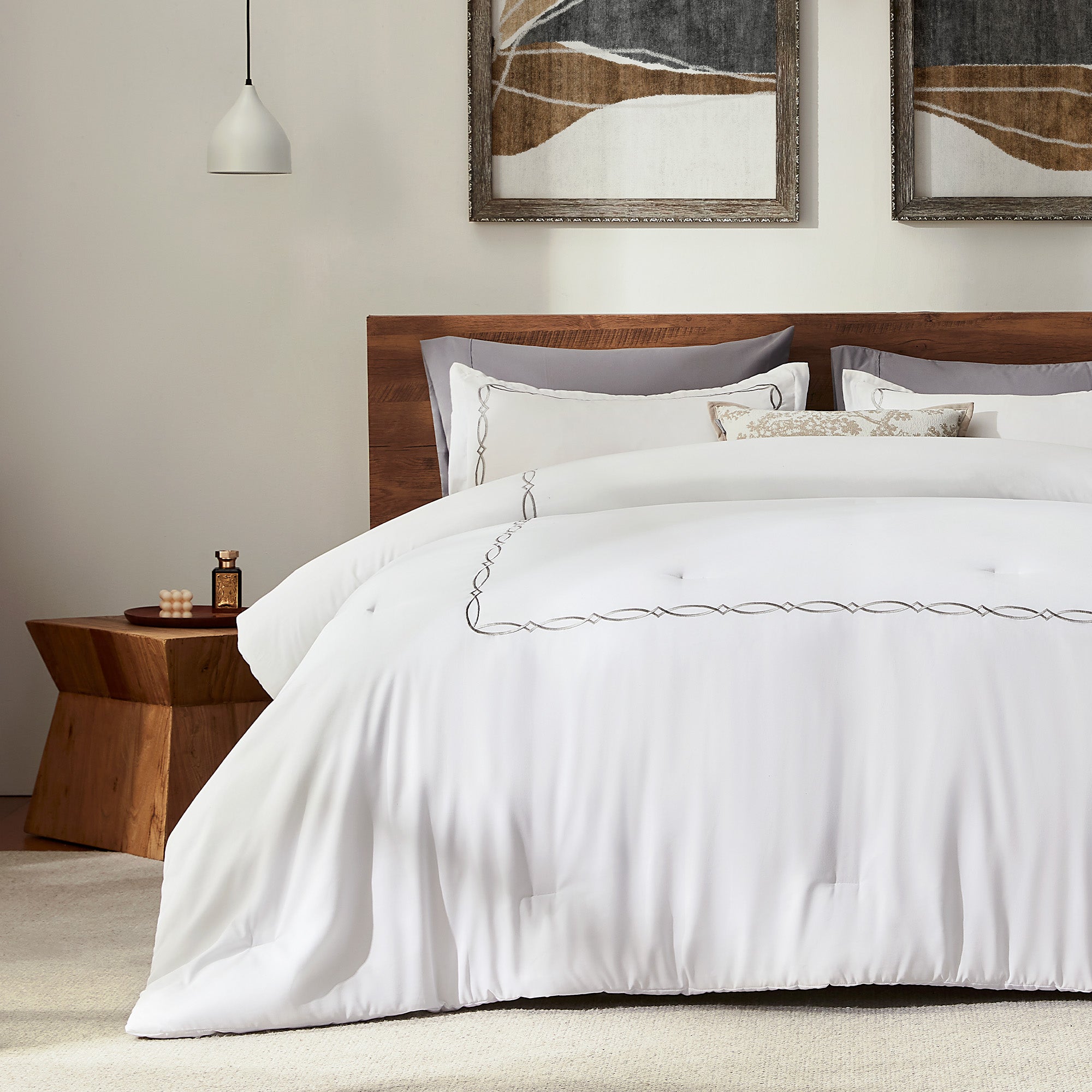 Luxury Hotel Collection Comforter Set, 3 Pieces Fluffy Lightweight Down Alternative Duvet Insert with Embroidered Stripes