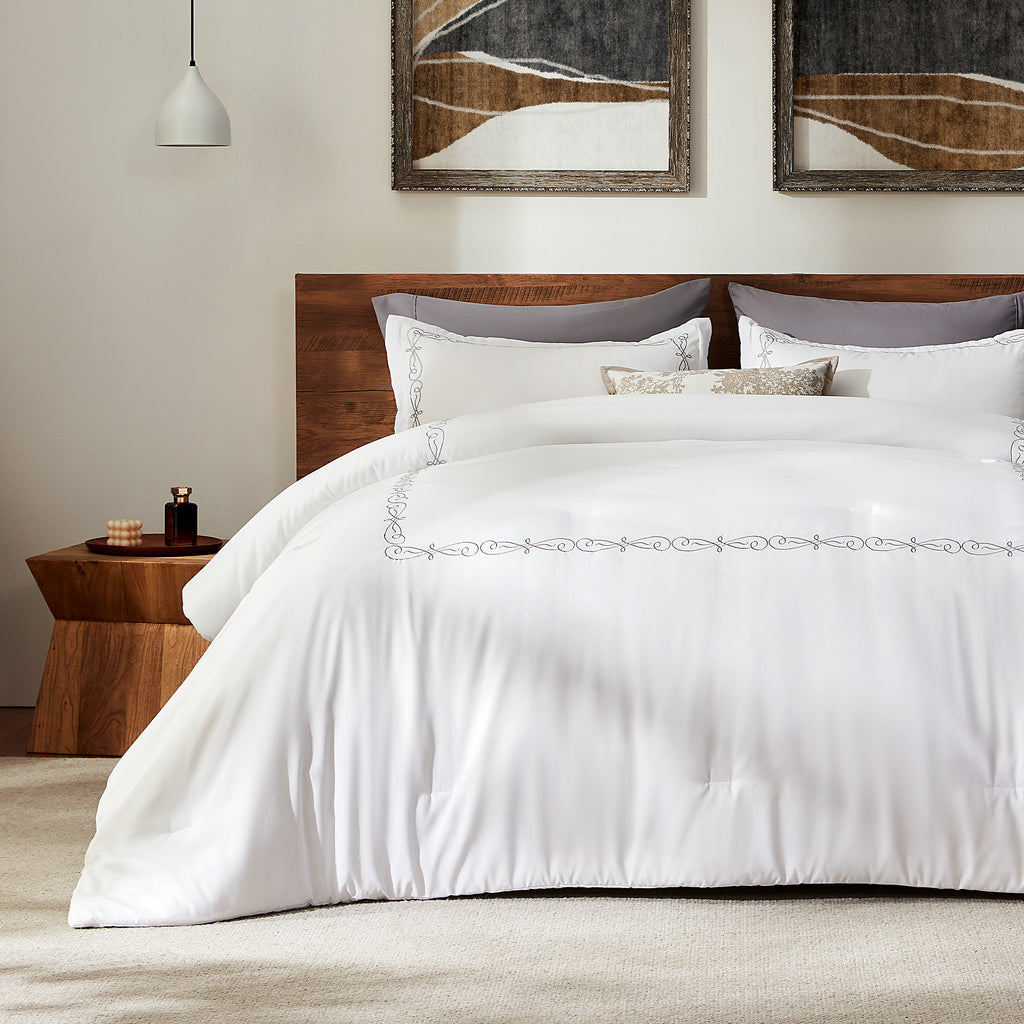 Luxury Hotel Collection Comforter Set, 3 Pieces Fluffy Lightweight Down Alternative Duvet Insert with Embroidered Stripes