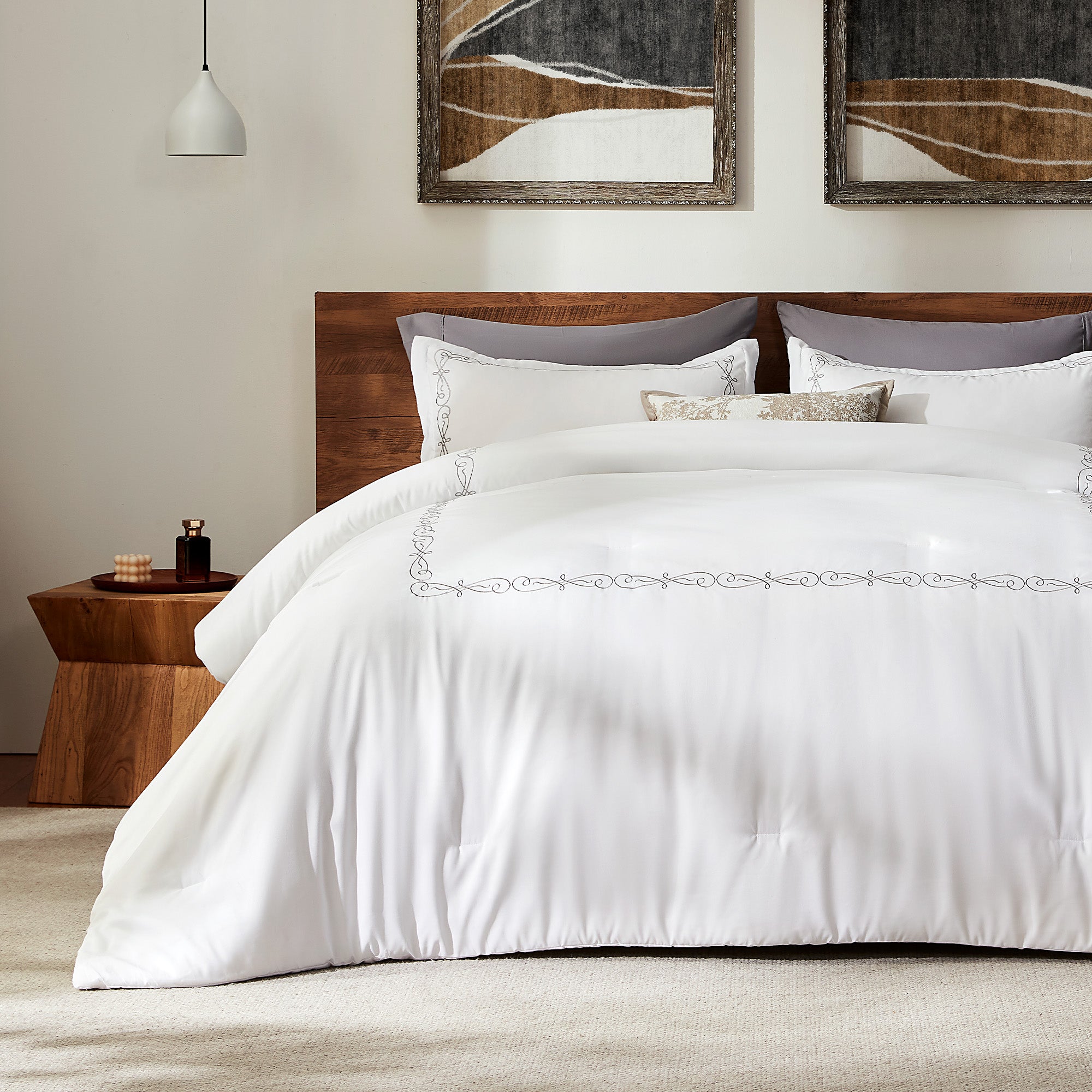 Luxury Hotel Collection Comforter Set, 3 Pieces Fluffy Lightweight Down Alternative Duvet Insert with Embroidered Stripes