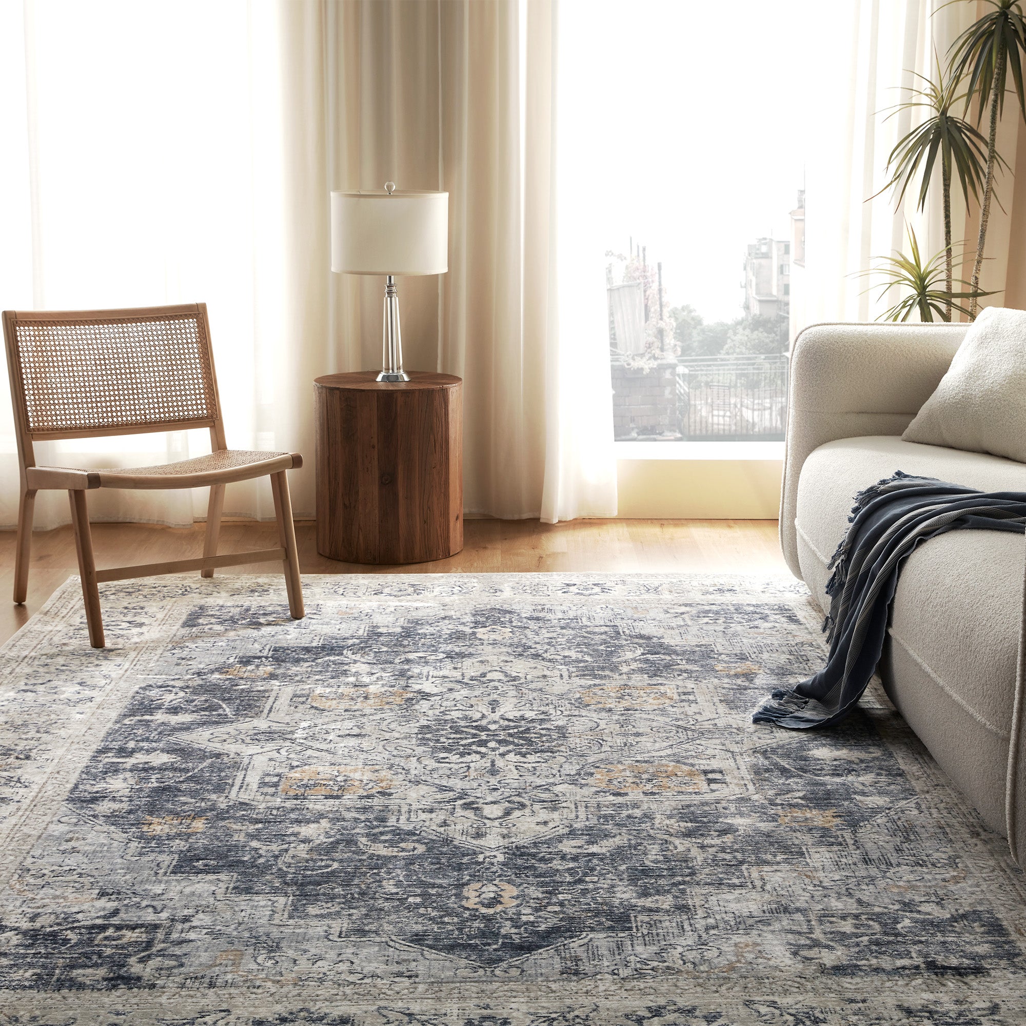 Washable Plush Area Rug - Neutral Vintage for Indoor/Outdoor