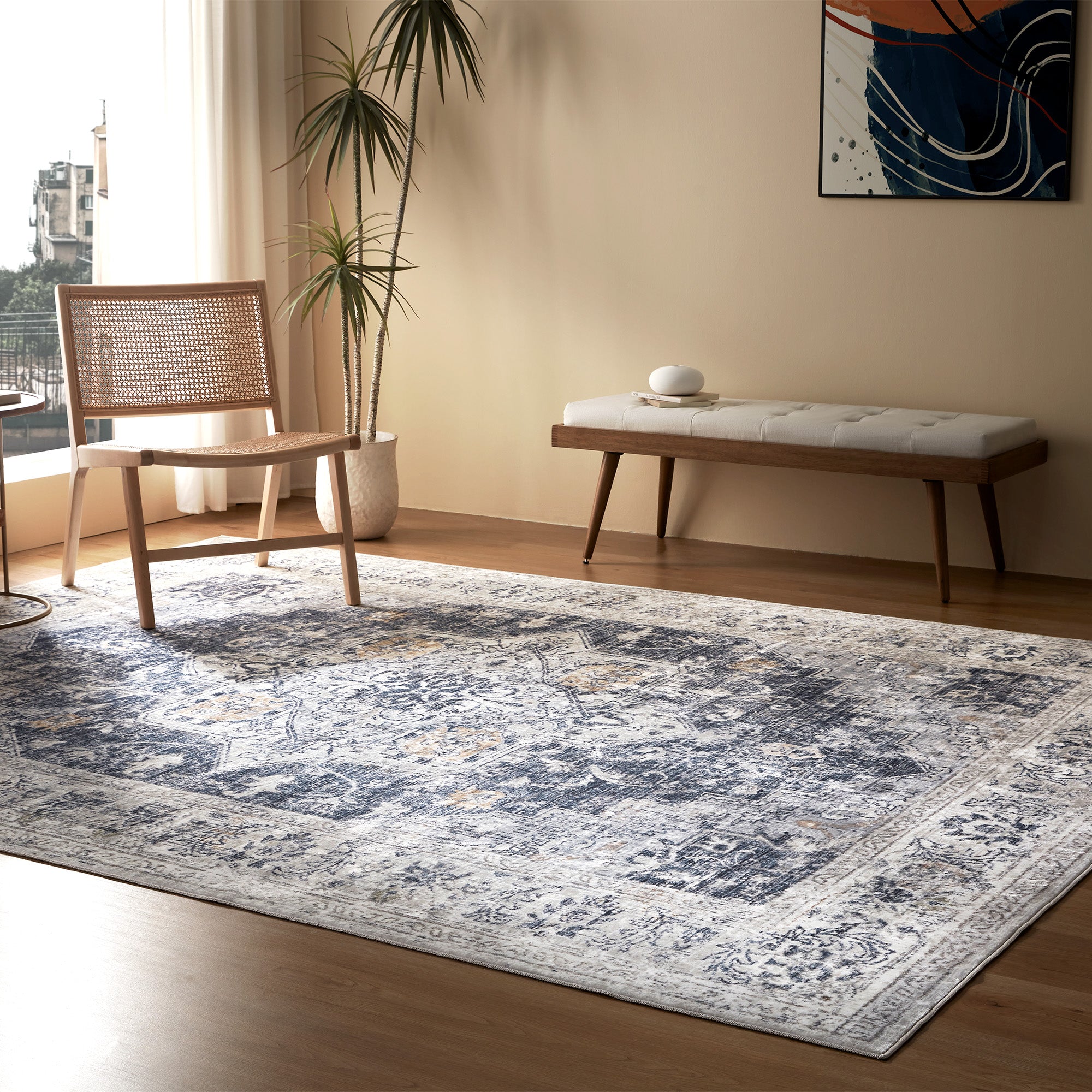 Washable Plush Area Rug - Neutral Vintage for Indoor/Outdoor
