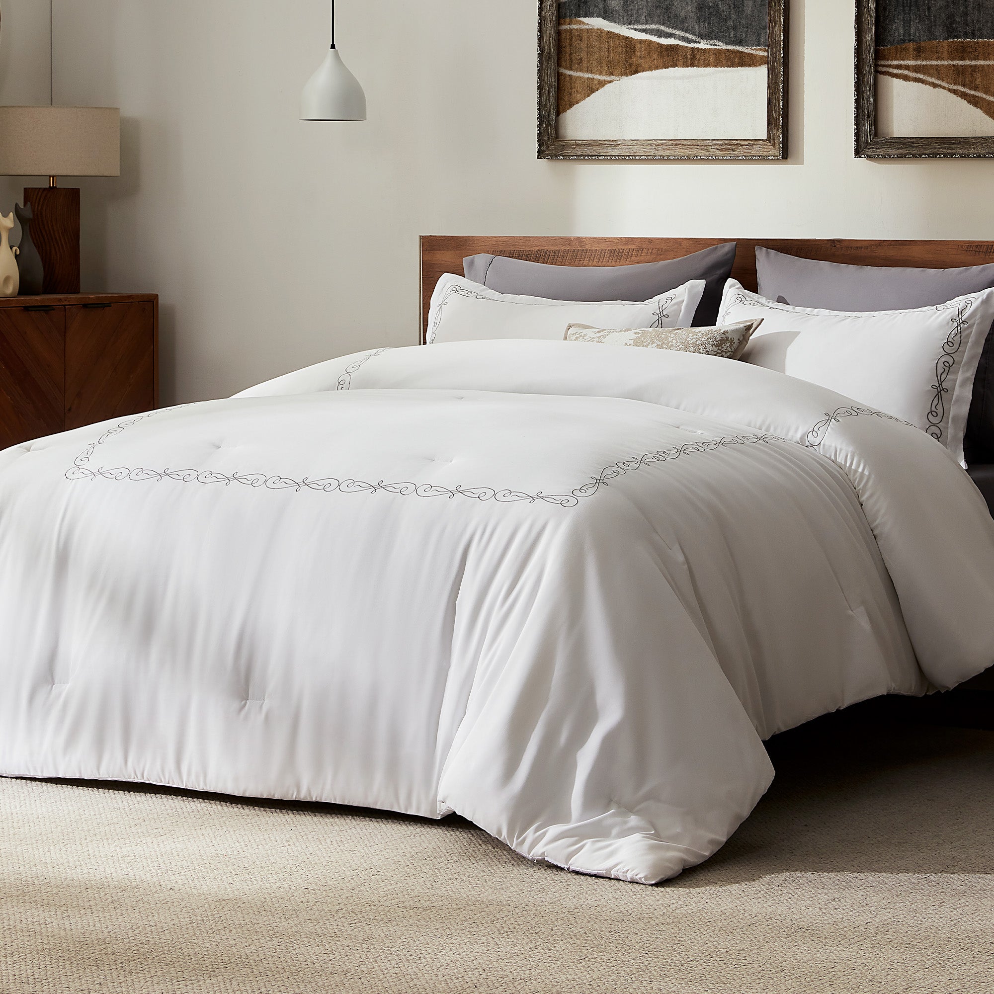 Luxury Hotel Collection Comforter Set, 3 Pieces Fluffy Lightweight Down Alternative Duvet Insert with Embroidered Stripes