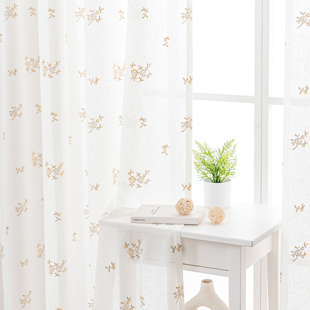 Sleep Zone 2 Panels Golden Floral-embroidered Lace Sheer Curtains