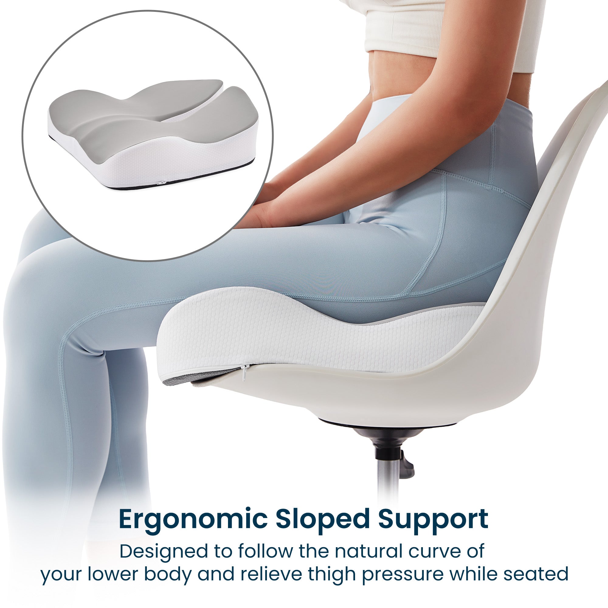 Memory Foam Seat Cushion, 17.7"×16.2"×4.7", White & Gray, Ergonomic Pressure Relief