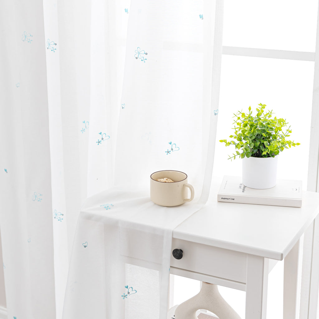 Sleep Zone 2 Panels Blue Heart-embroidered Lace Sheer Curtains