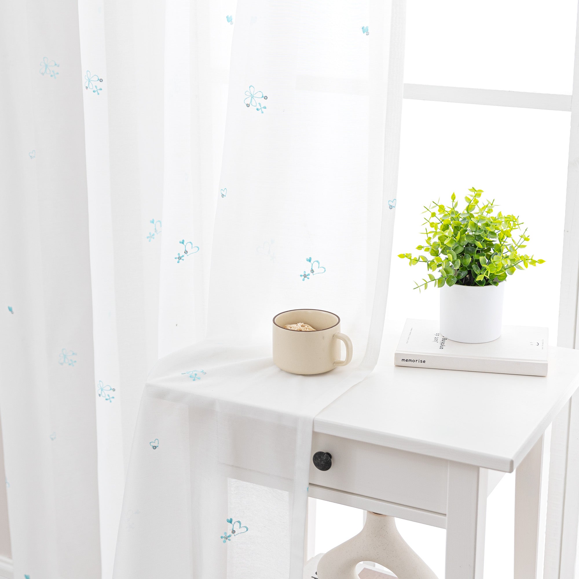 Sleep Zone 2 Panels Blue Heart-embroidered Lace Sheer Curtains