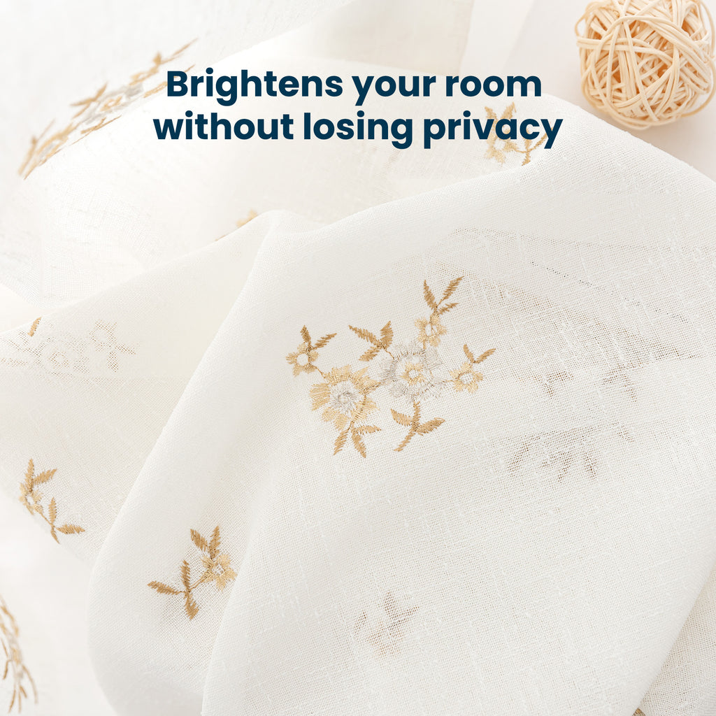 Sleep Zone 2 Panels Golden Floral-embroidered Lace Sheer Curtains