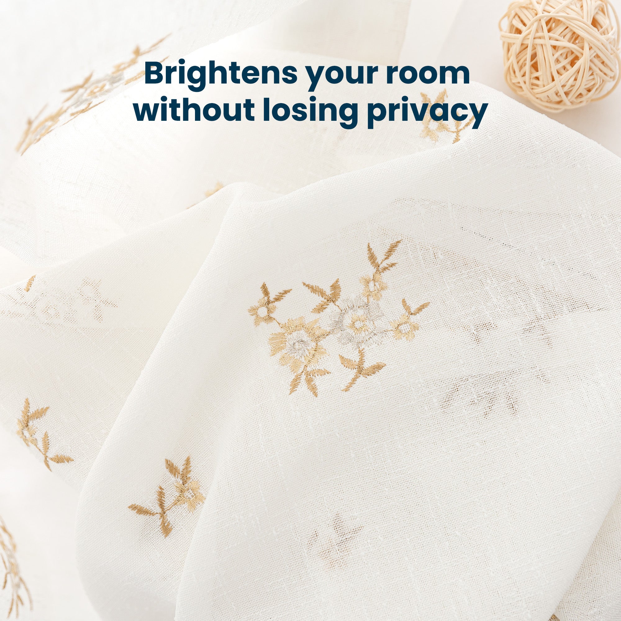 Sleep Zone 2 Panels Golden Floral-embroidered Lace Sheer Curtains