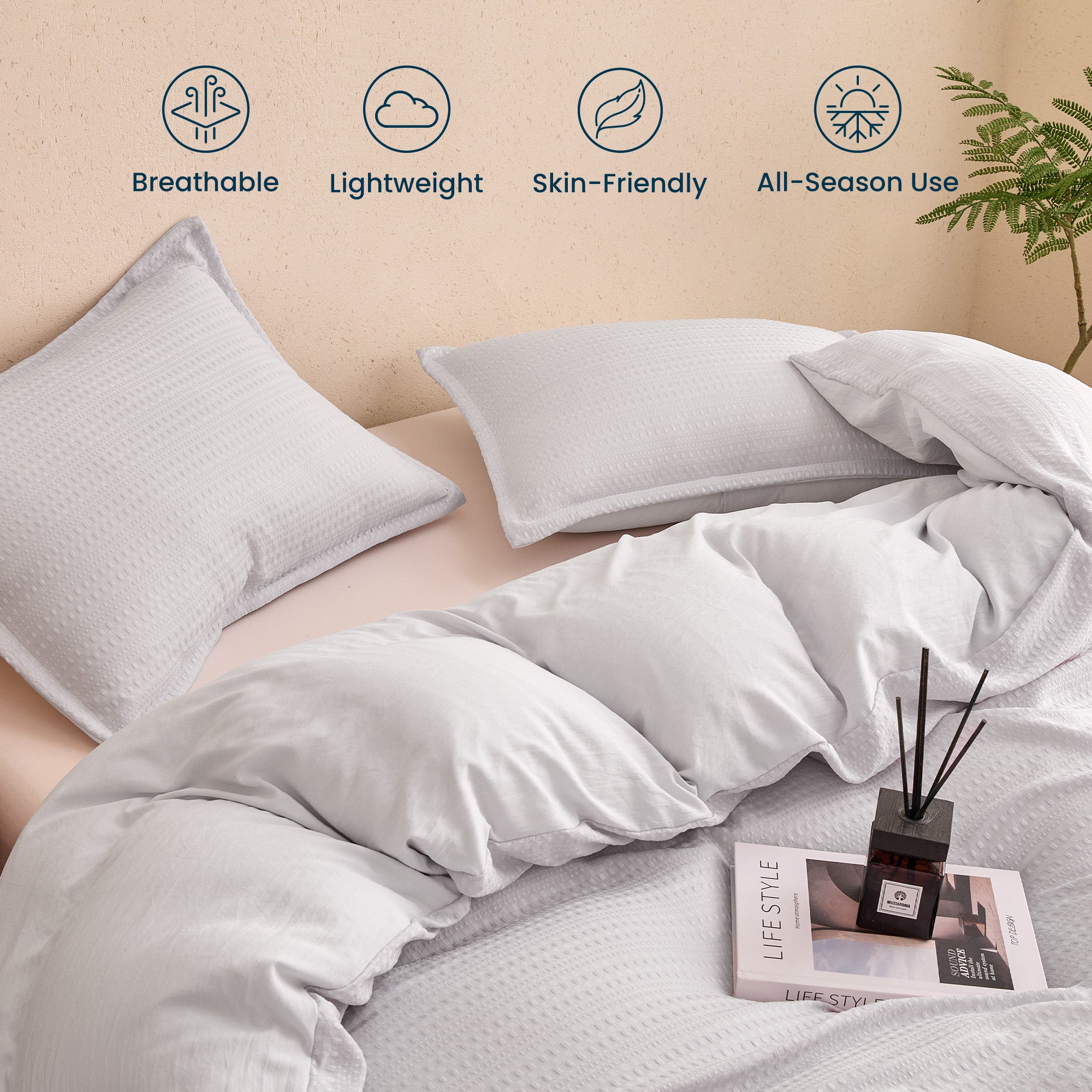 Waffle Weave Duvet Cover Set Full Size, 3 Piece Cozy Soft Jacquard Bedding