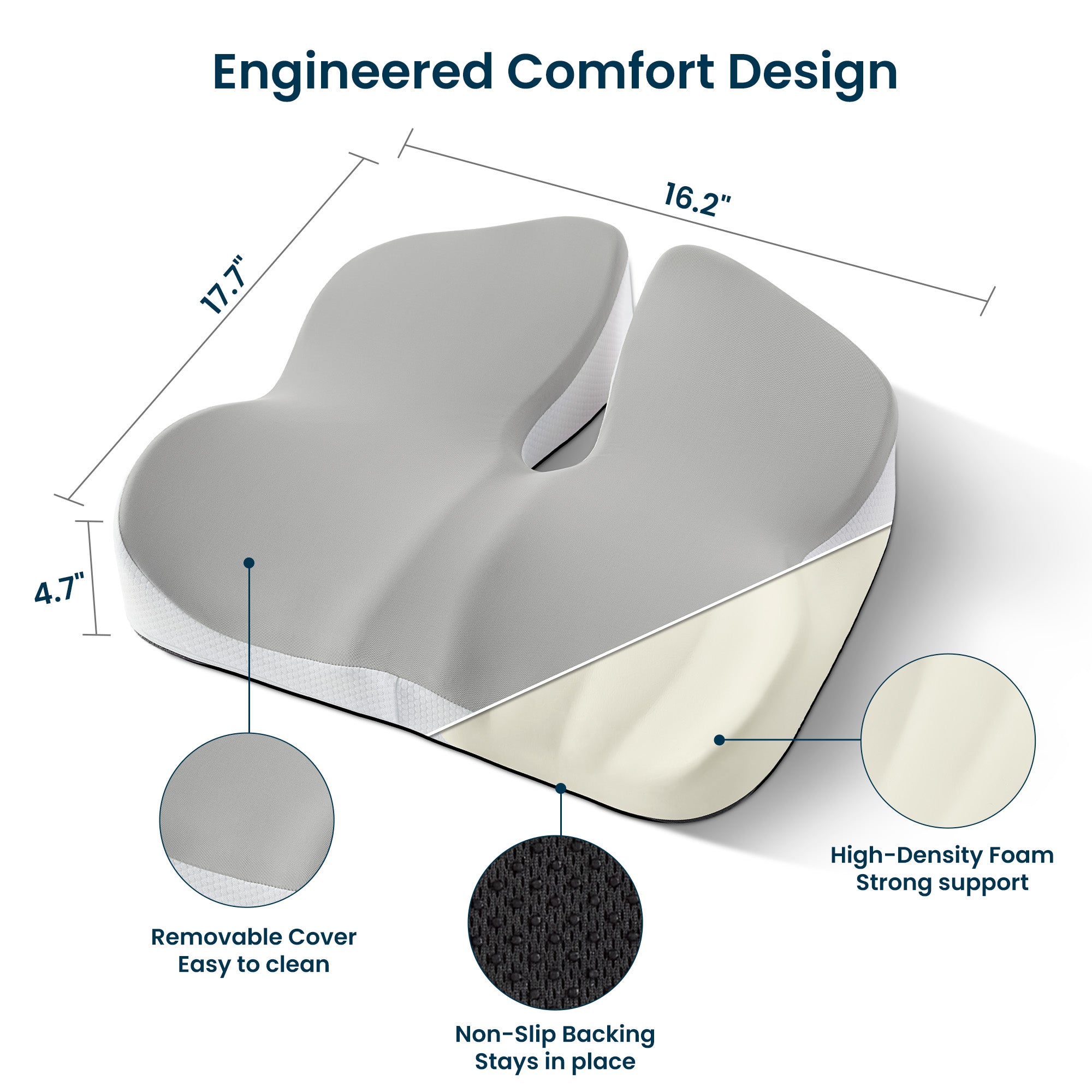 Memory Foam Seat Cushion, 17.7"×16.2"×4.7", White & Gray, Ergonomic Pressure Relief