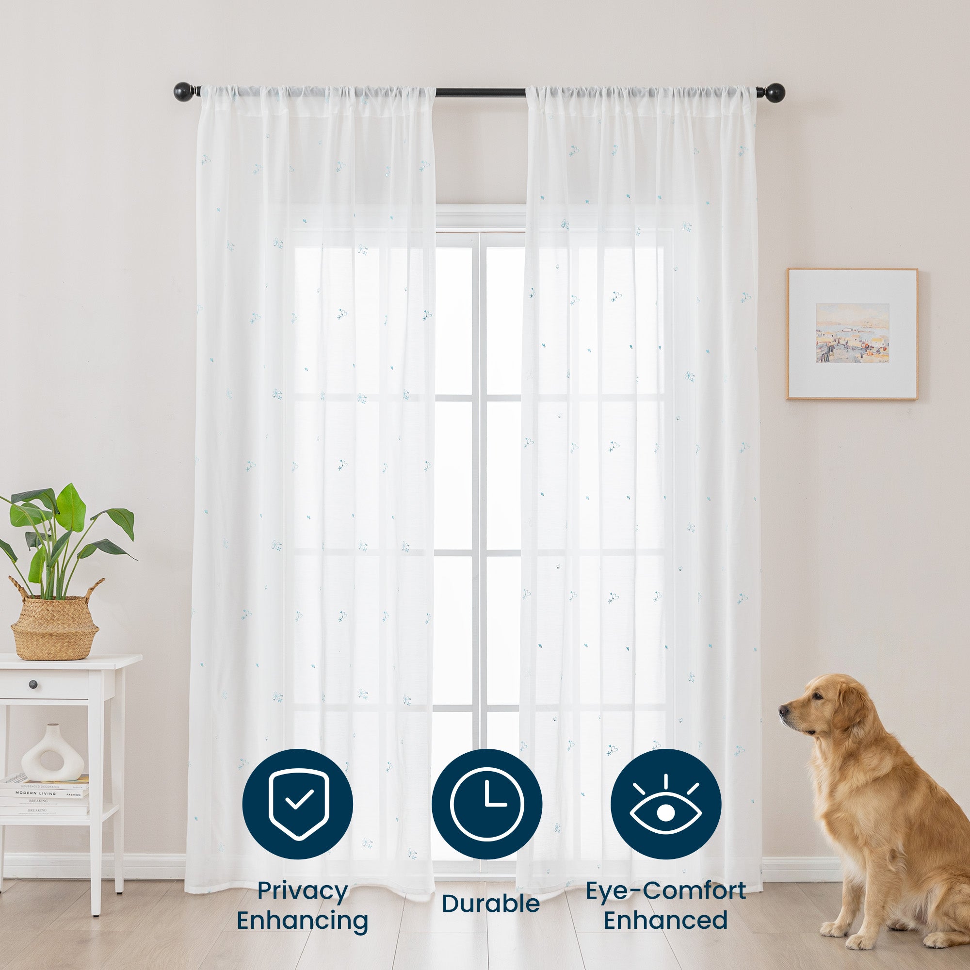 Sleep Zone 2 Panels Blue Heart-embroidered Lace Sheer Curtains
