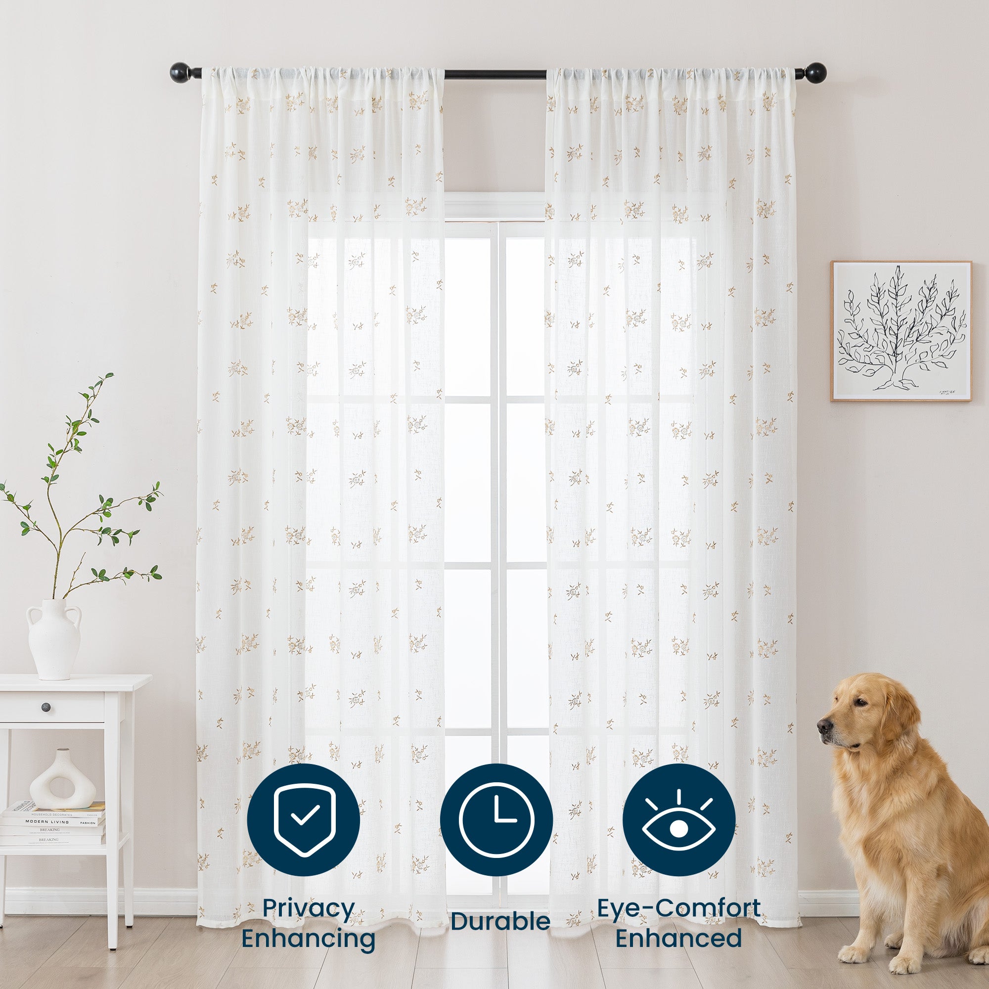 Sleep Zone 2 Panels Golden Floral-embroidered Lace Sheer Curtains
