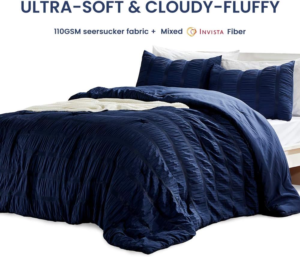 Luxury Seersucker Comforter Set 3-Piece, Soft & Lightweight Down Alternative Comforter Set with Pillow Sham Cooling for Summer