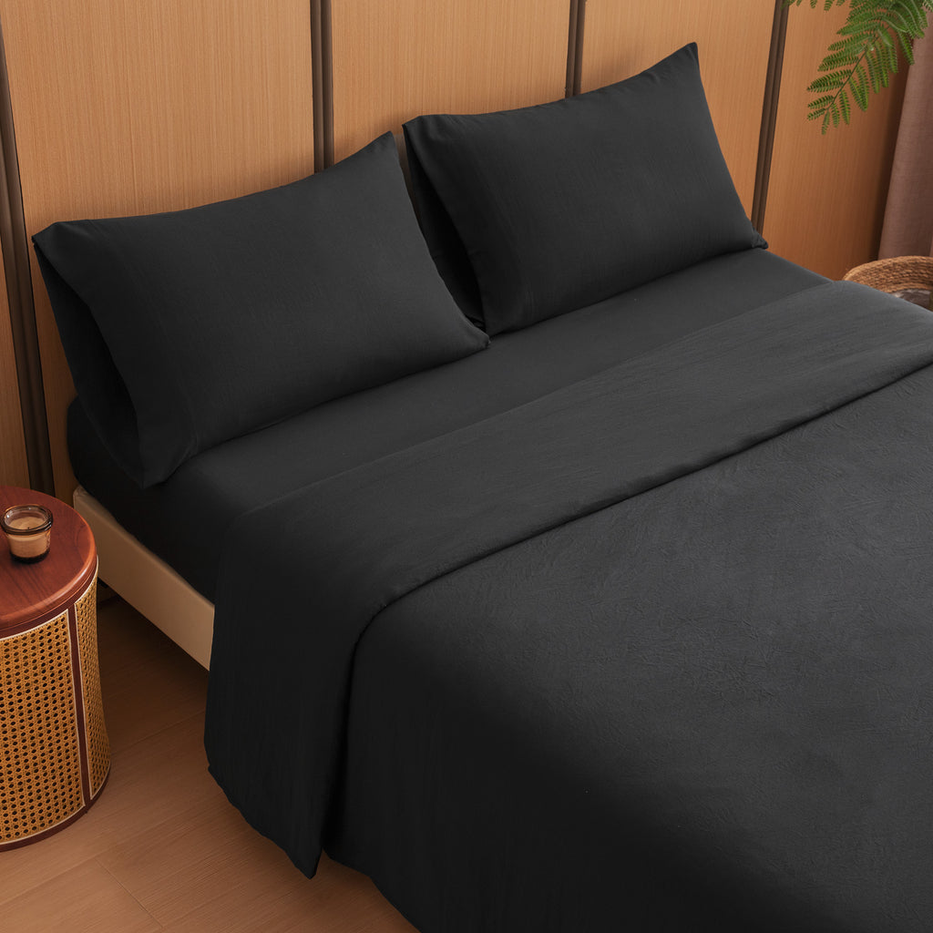 Washed Microfiber Sheet Set, Black 14 Inch Deep Pocket, Ultra Soft All Season