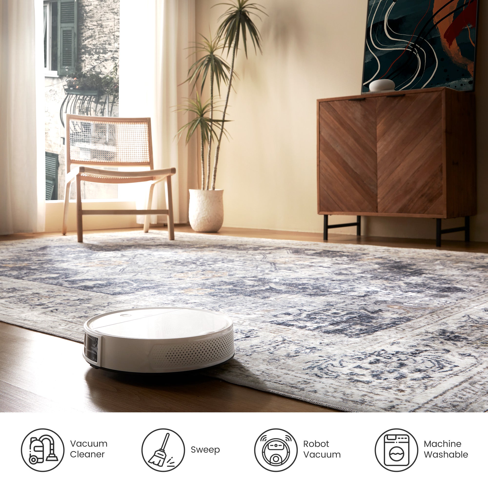 Washable Plush Area Rug - Neutral Vintage for Indoor/Outdoor