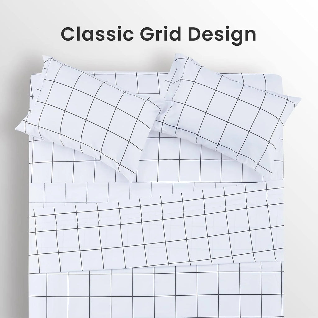 Printed Plaid Sheet Set 4 Piece - Double Brushed Microfiber - Grid Black