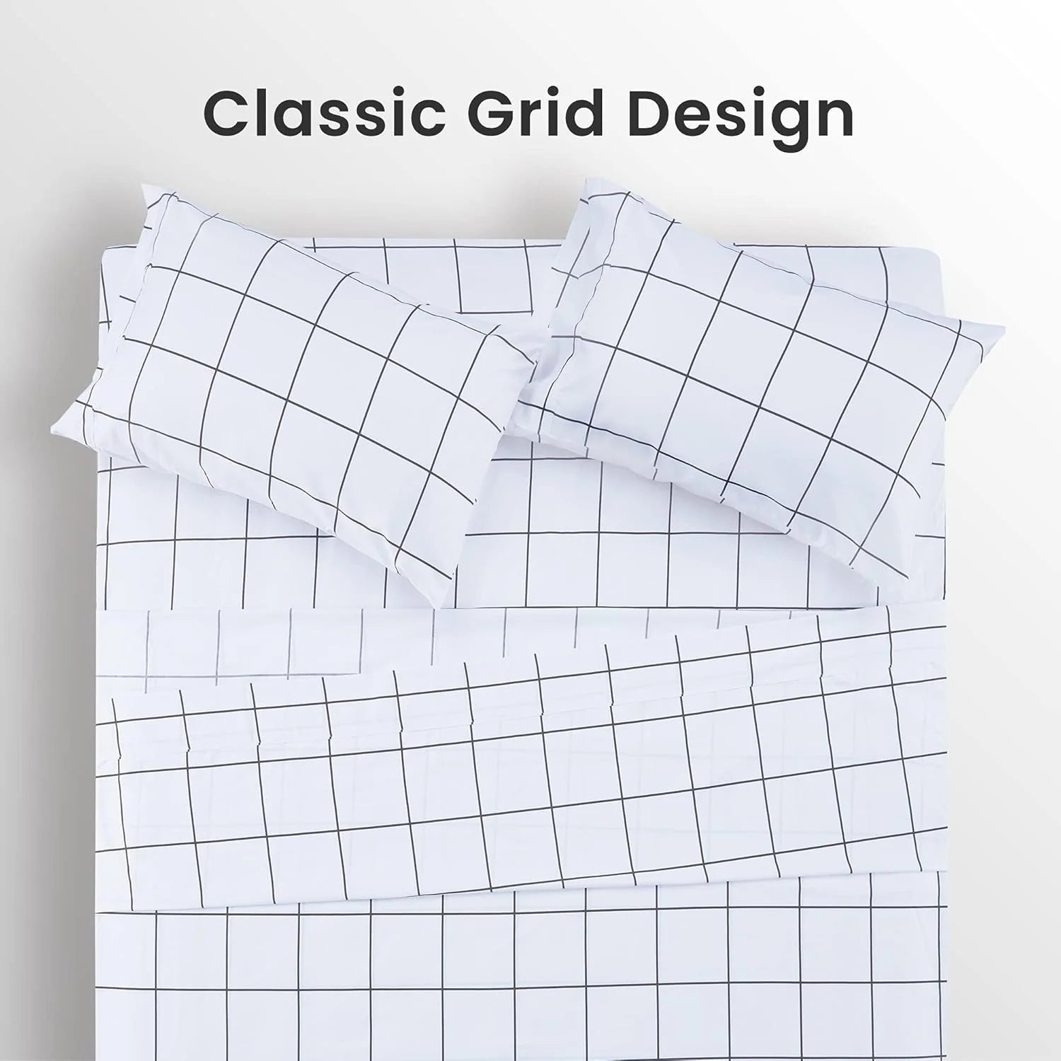 Printed Plaid Sheet Set 4 Piece - Double Brushed Microfiber - Grid Black