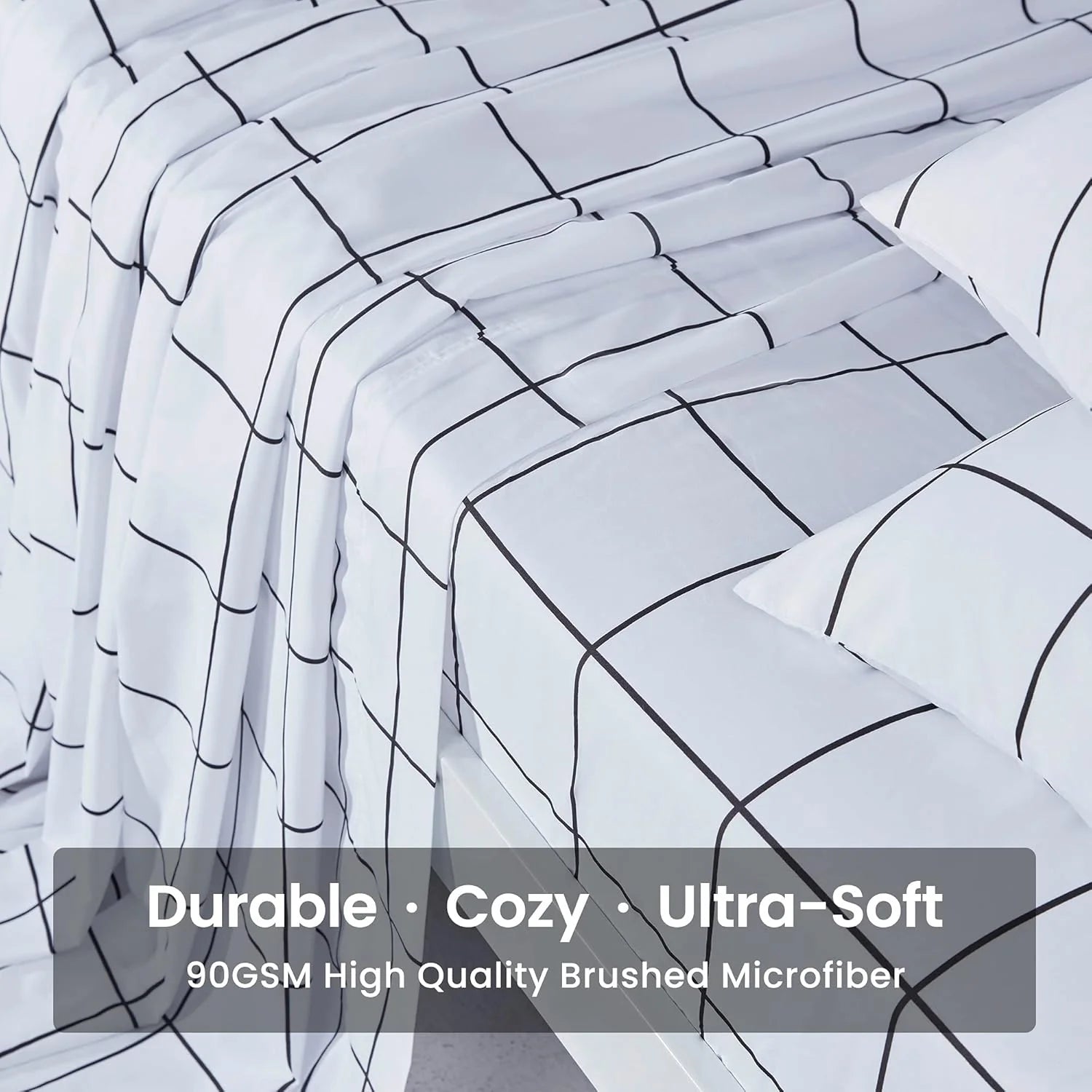 Printed Plaid Sheet Set 4 Piece - Double Brushed Microfiber - Grid Black