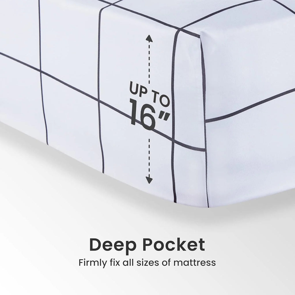 Printed Plaid Sheet Set 4 Piece - Double Brushed Microfiber - Grid Black