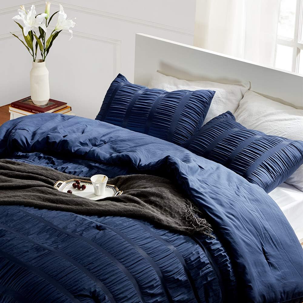 Luxury Seersucker Comforter Set 3-Piece, Soft & Lightweight Down Alternative Comforter Set with Pillow Sham Cooling for Summer