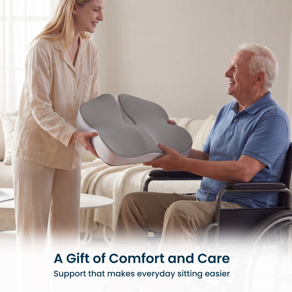 Memory Foam Seat Cushion, 17.7"×16.2"×4.7", White & Gray, Ergonomic Pressure Relief