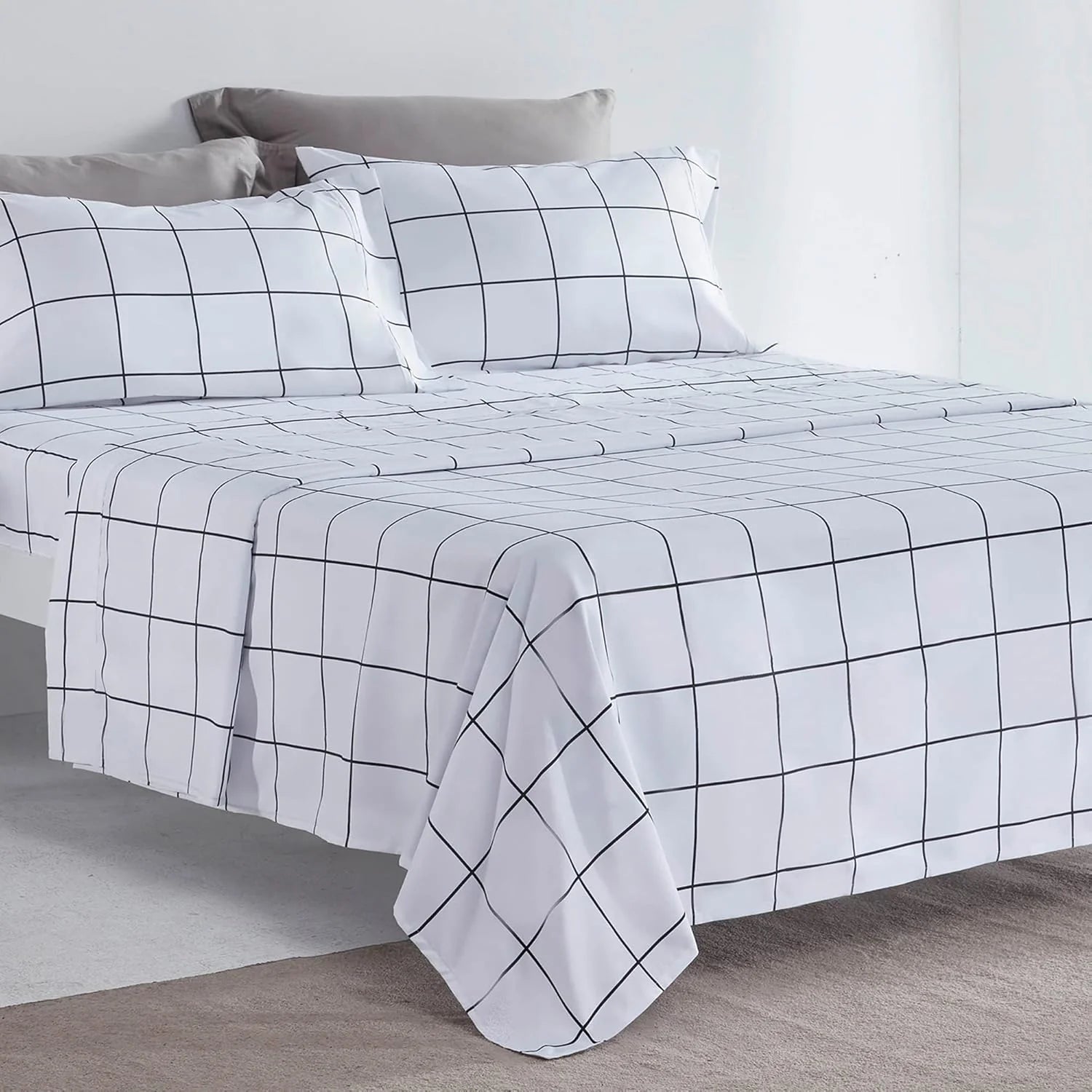 Printed Plaid Sheet Set 4 Piece - Double Brushed Microfiber - Grid Black