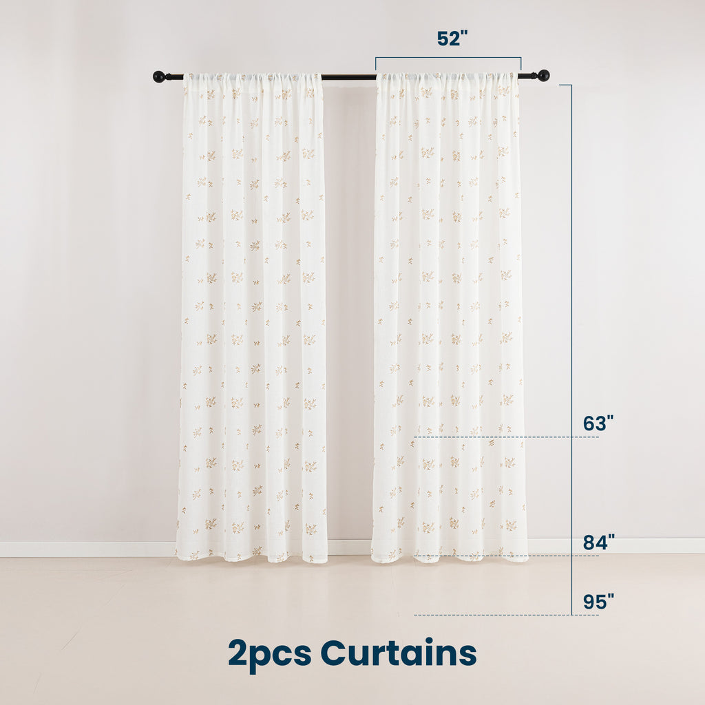 Sleep Zone 2 Panels Golden Floral-embroidered Lace Sheer Curtains