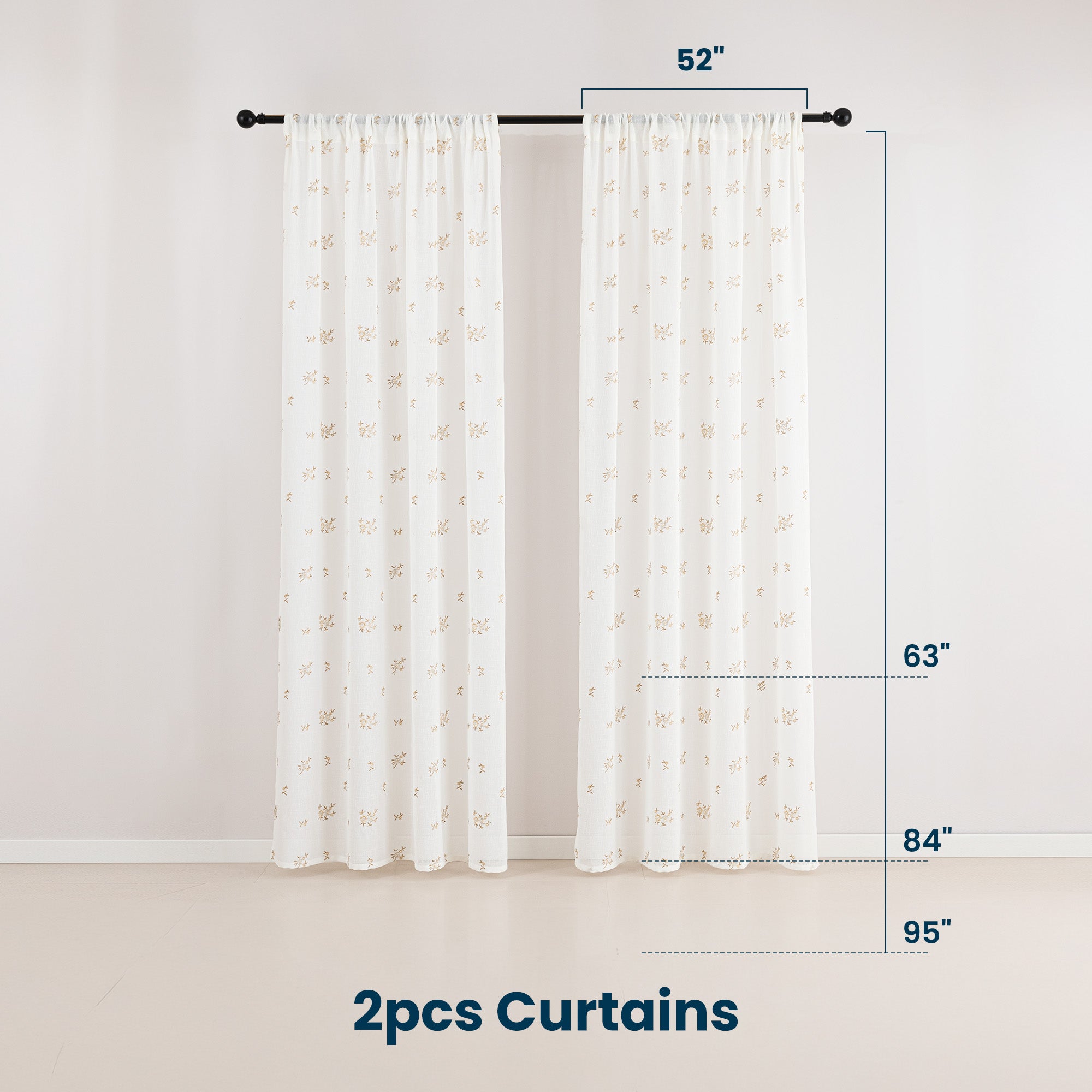 Sleep Zone 2 Panels Golden Floral-embroidered Lace Sheer Curtains