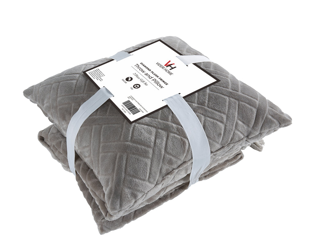 Plush Fringe Blanket Set, 240GSM Flannel, Diamond Quilted, Soft & Warm with Decorative Fringe
