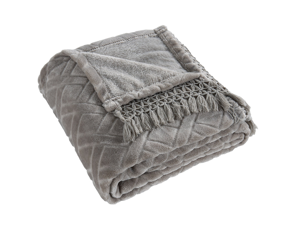 Plush Fringe Blanket Set, 240GSM Flannel, Diamond Quilted, Soft & Warm with Decorative Fringe