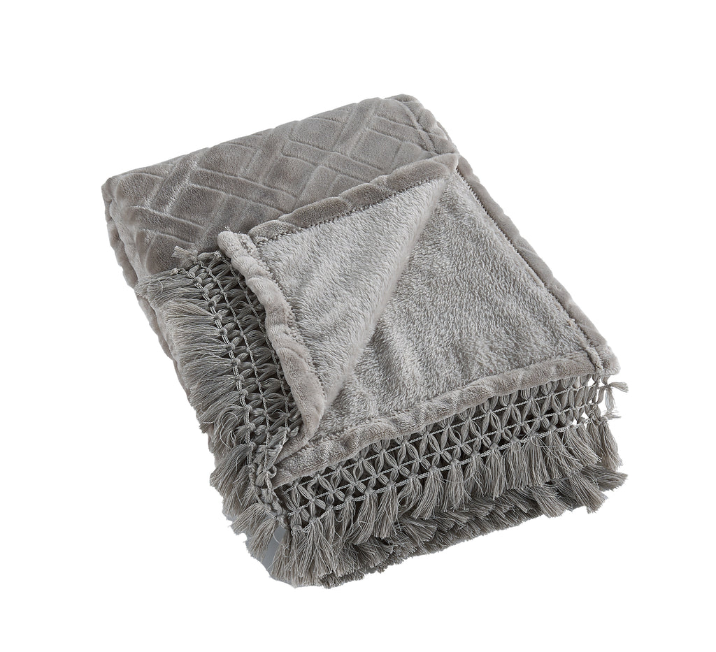 Plush Fringe Blanket Set, 240GSM Flannel, Diamond Quilted, Soft & Warm with Decorative Fringe