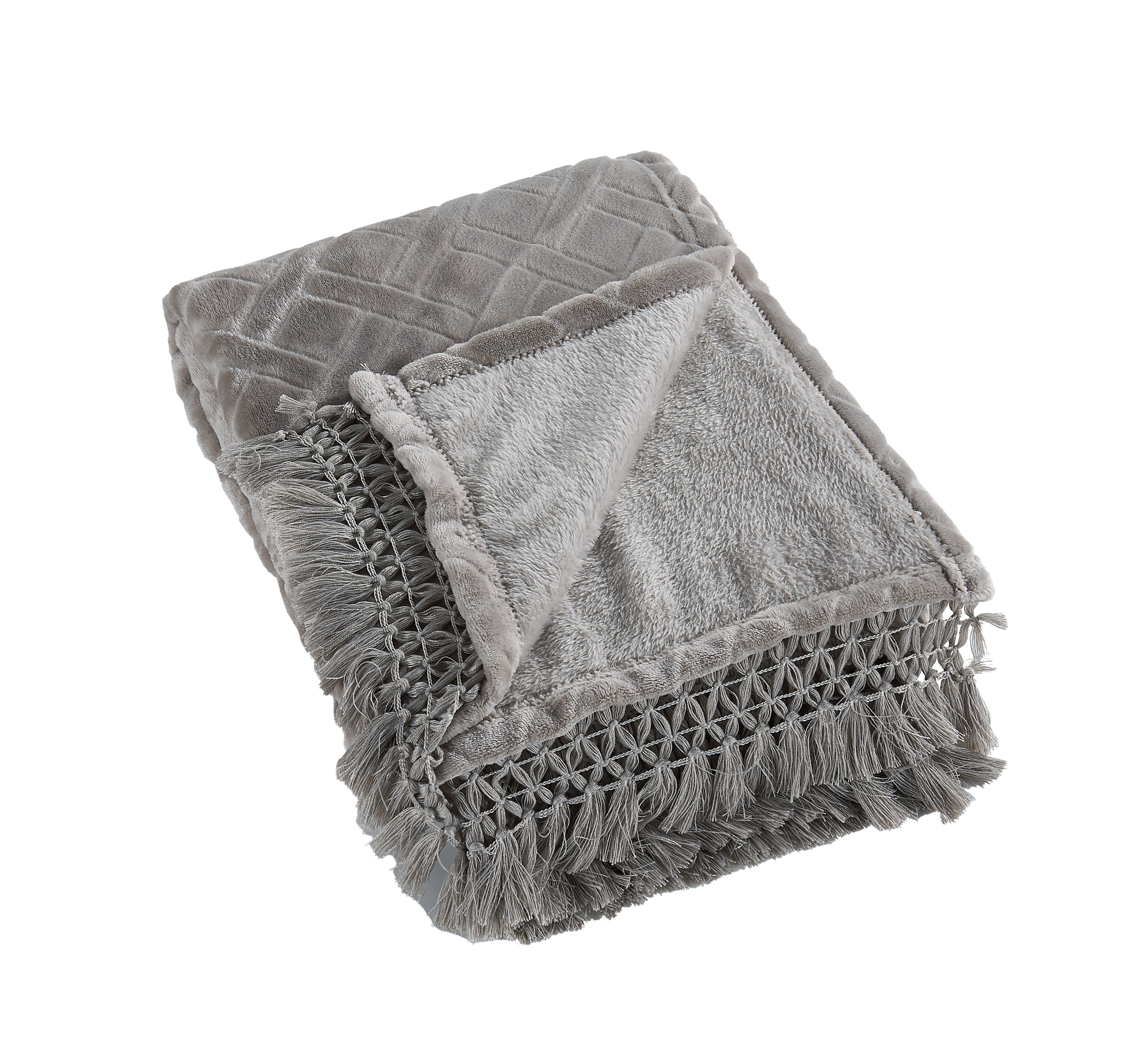 Plush Fringe Blanket Set, 240GSM Flannel, Diamond Quilted, Soft & Warm with Decorative Fringe