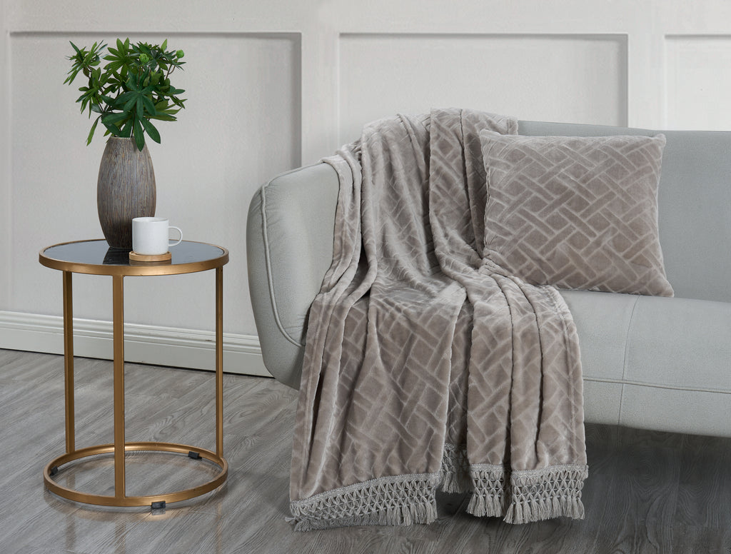 Plush Fringe Blanket Set, 240GSM Flannel, Diamond Quilted, Soft & Warm with Decorative Fringe