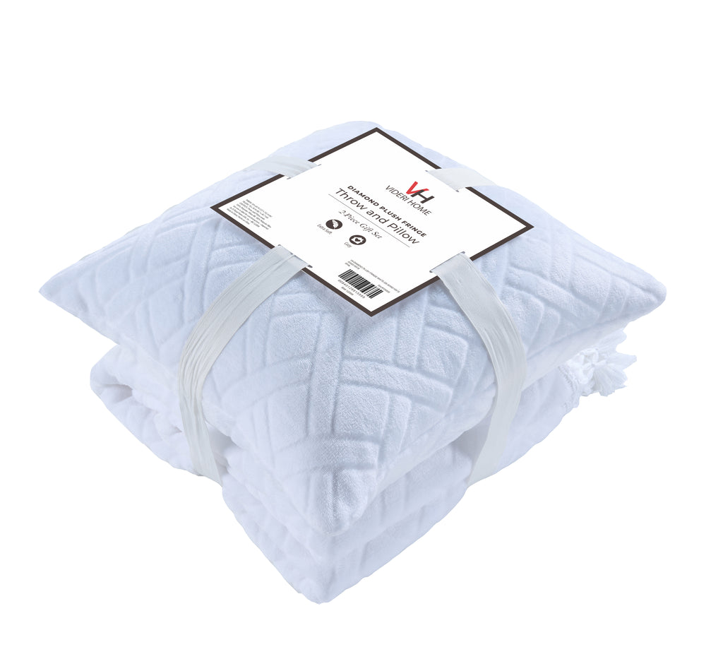 Plush Fringe Blanket Set, 240GSM Flannel, Diamond Quilted, Soft & Warm with Decorative Fringe