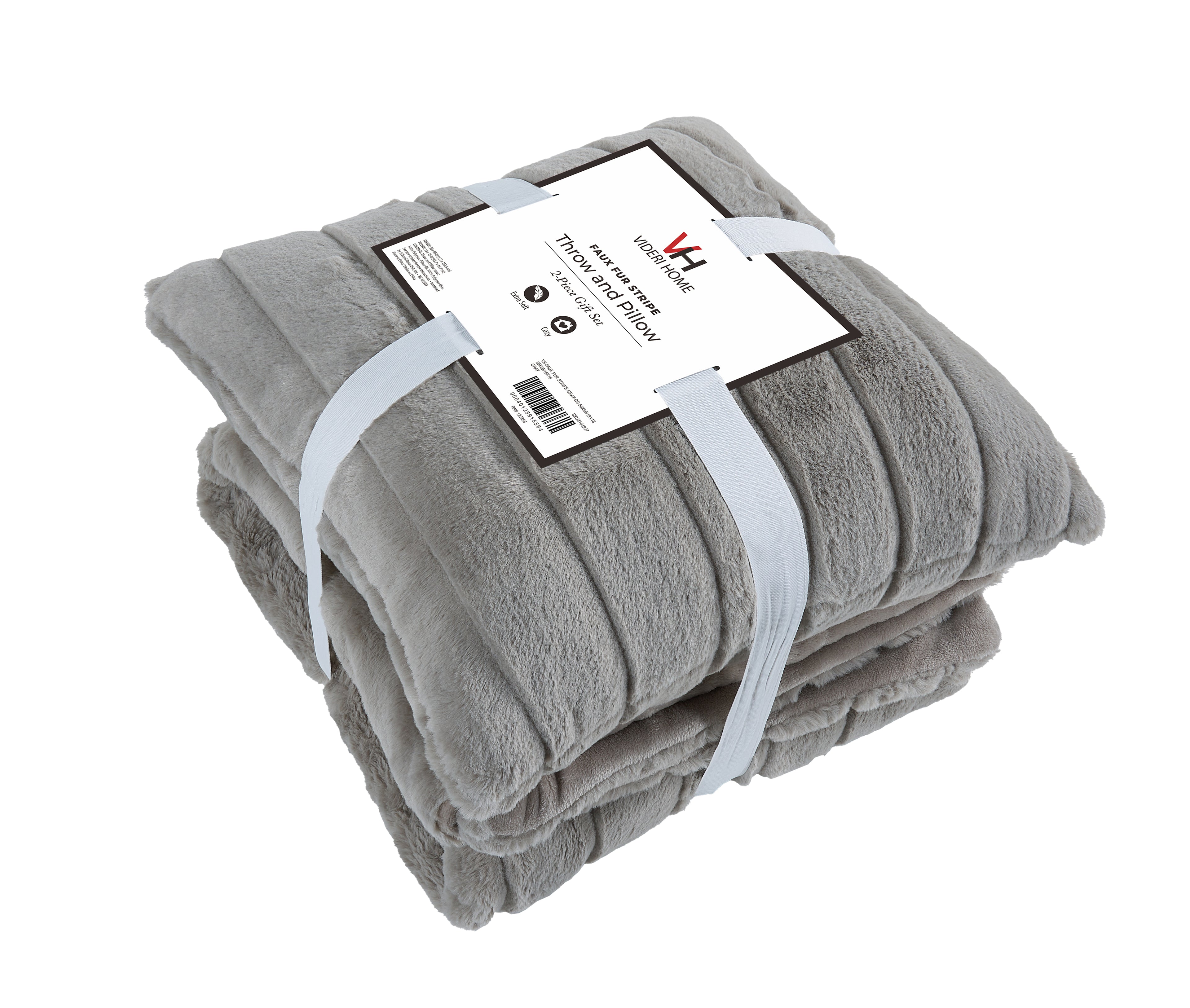 Faux Fur Stripe Blanket and Pillow Set, Ultra-Soft 420GSM Flannel, Embossed Design, Cozy & Durable for Bedroom, Living Room, or Office