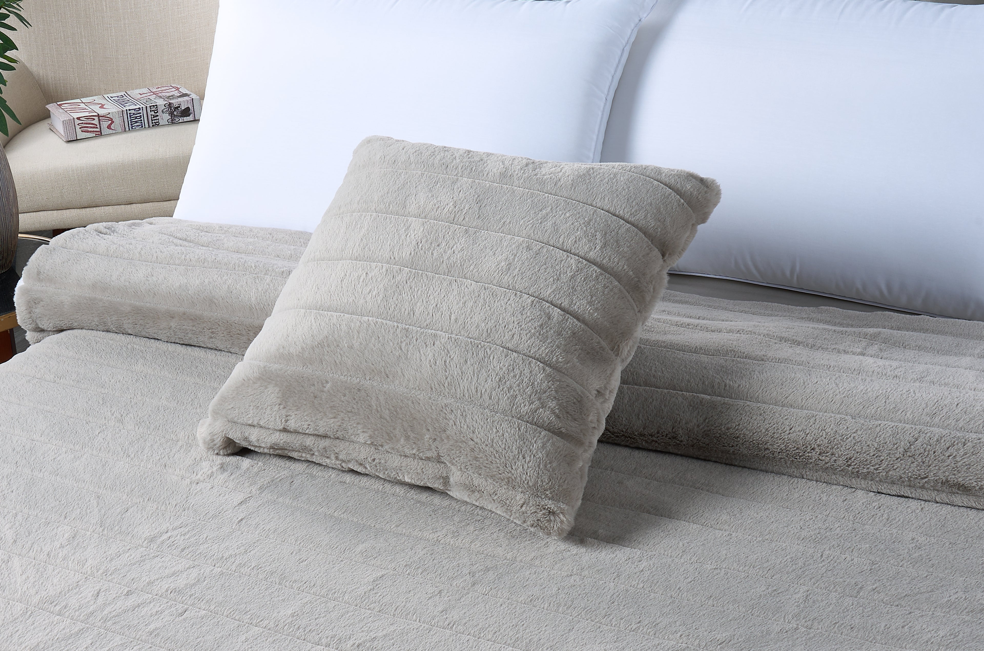 Faux Fur Stripe Blanket and Pillow Set, Ultra-Soft 420GSM Flannel, Embossed Design, Cozy & Durable for Bedroom, Living Room, or Office