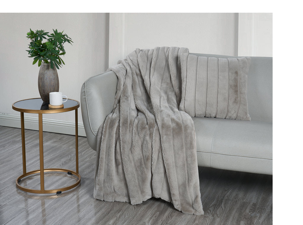 Faux Fur Stripe Blanket and Pillow Set, Ultra-Soft 420GSM Flannel, Embossed Design, Cozy & Durable for Bedroom, Living Room, or Office