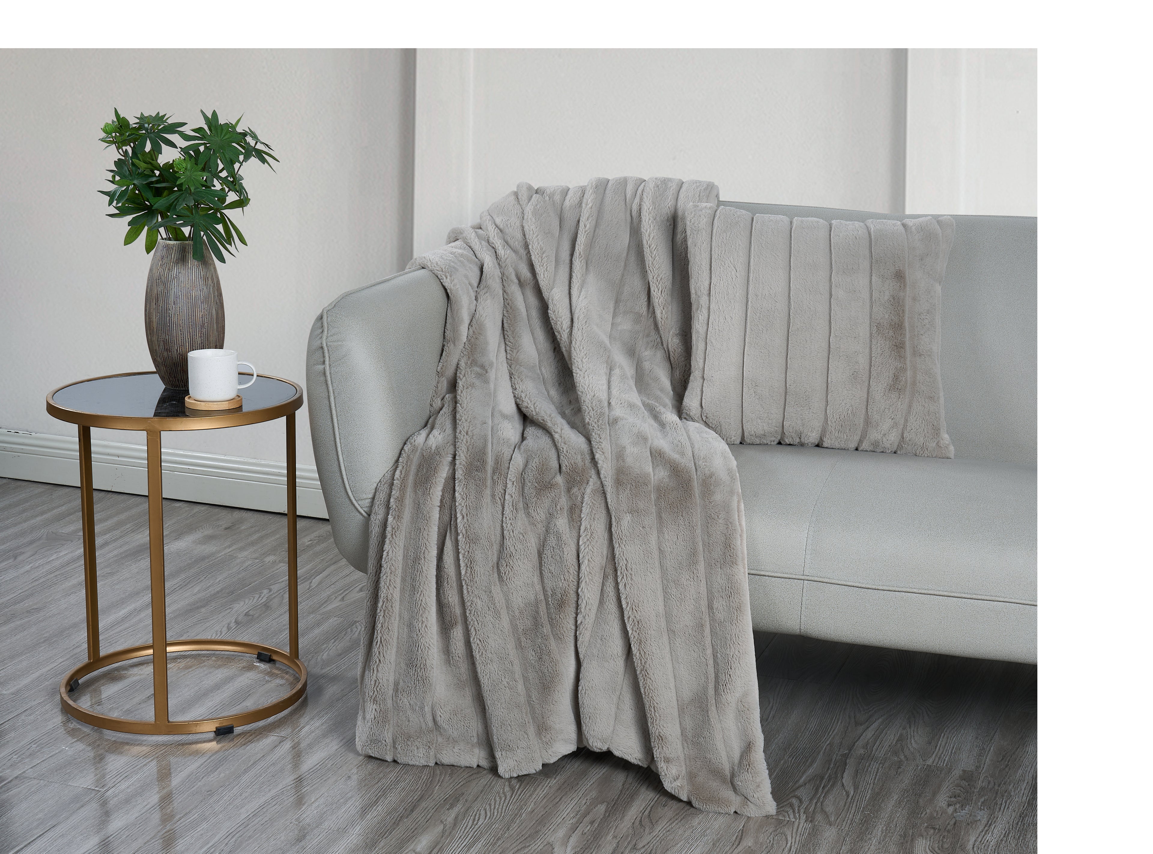Faux Fur Stripe Blanket and Pillow Set, Ultra-Soft 420GSM Flannel, Embossed Design, Cozy & Durable for Bedroom, Living Room, or Office