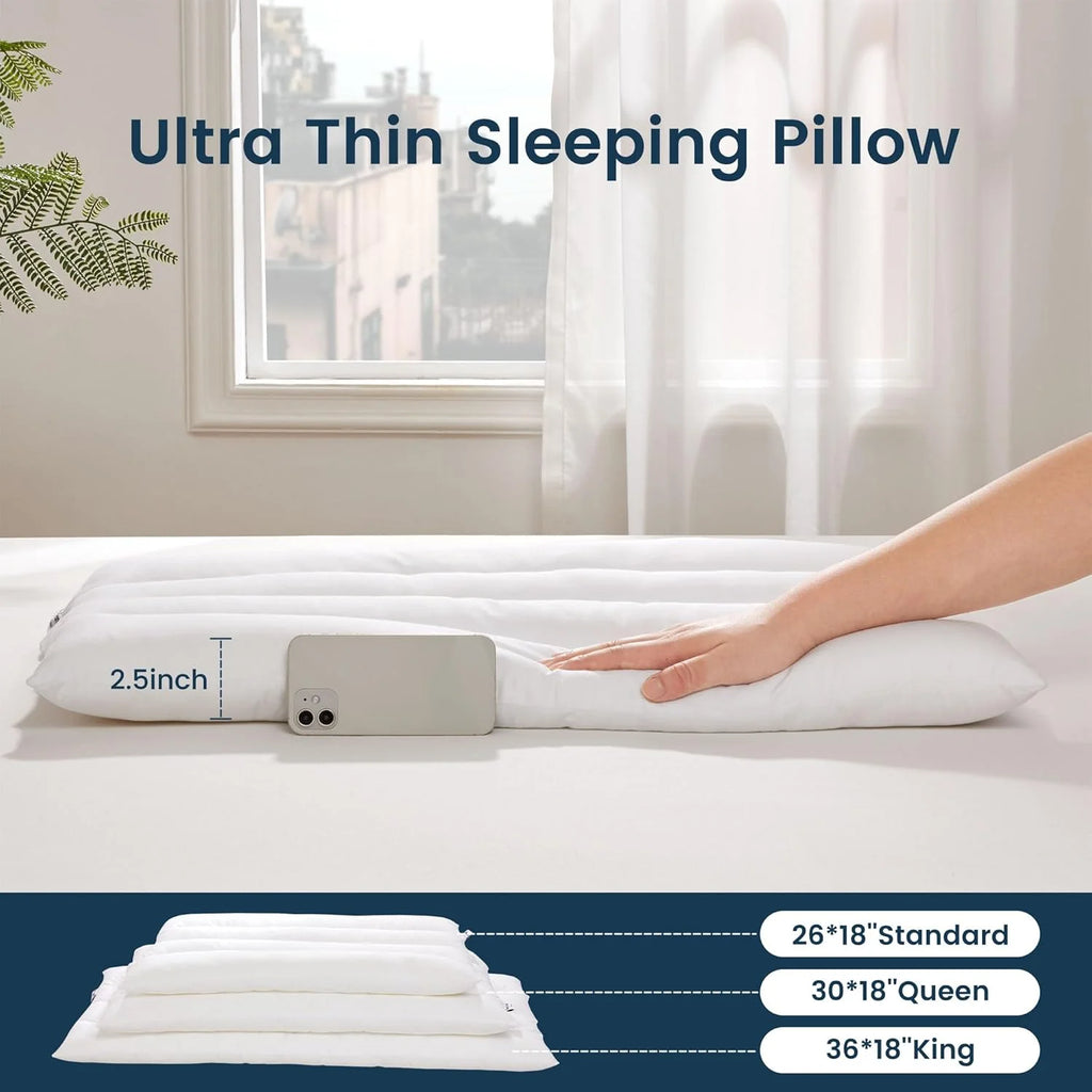 Ultra-Thin Cotton Pillow - Flat Design for Stomach/Back Sleepers & Neck Support